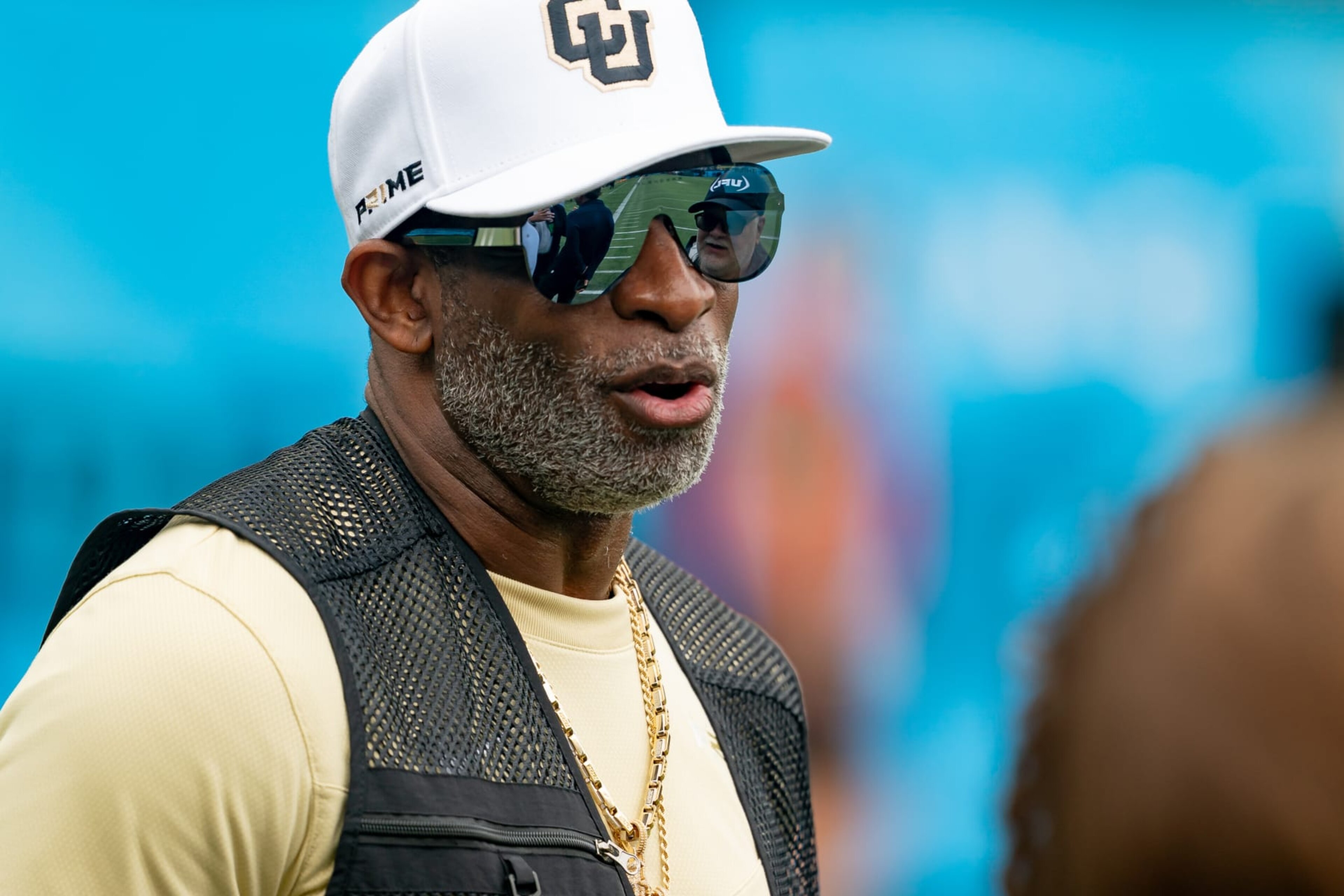ARLINGTON, TX - MARCH 30:University of Colorado Coach Deion Sanders talks with people on the field before a UFL game between the Birmingham Stallions and the Arlington Renegades on March 30, 2024 at Choctaw Stadium in Arlington, TX. (Photo by Chris Leduc/Icon Sportswire via Getty Images) ARLINGTON, TX - MARCH 30:University of Colorado Coach Deion Sanders talks with people on the field before a UFL game between the Birmingham Stallions and the Arlington Renegades on March 30, 2024 at Choctaw Stadium in Arlington, TX. (Photo by Chris Leduc/Icon Sportswire via Getty Images)