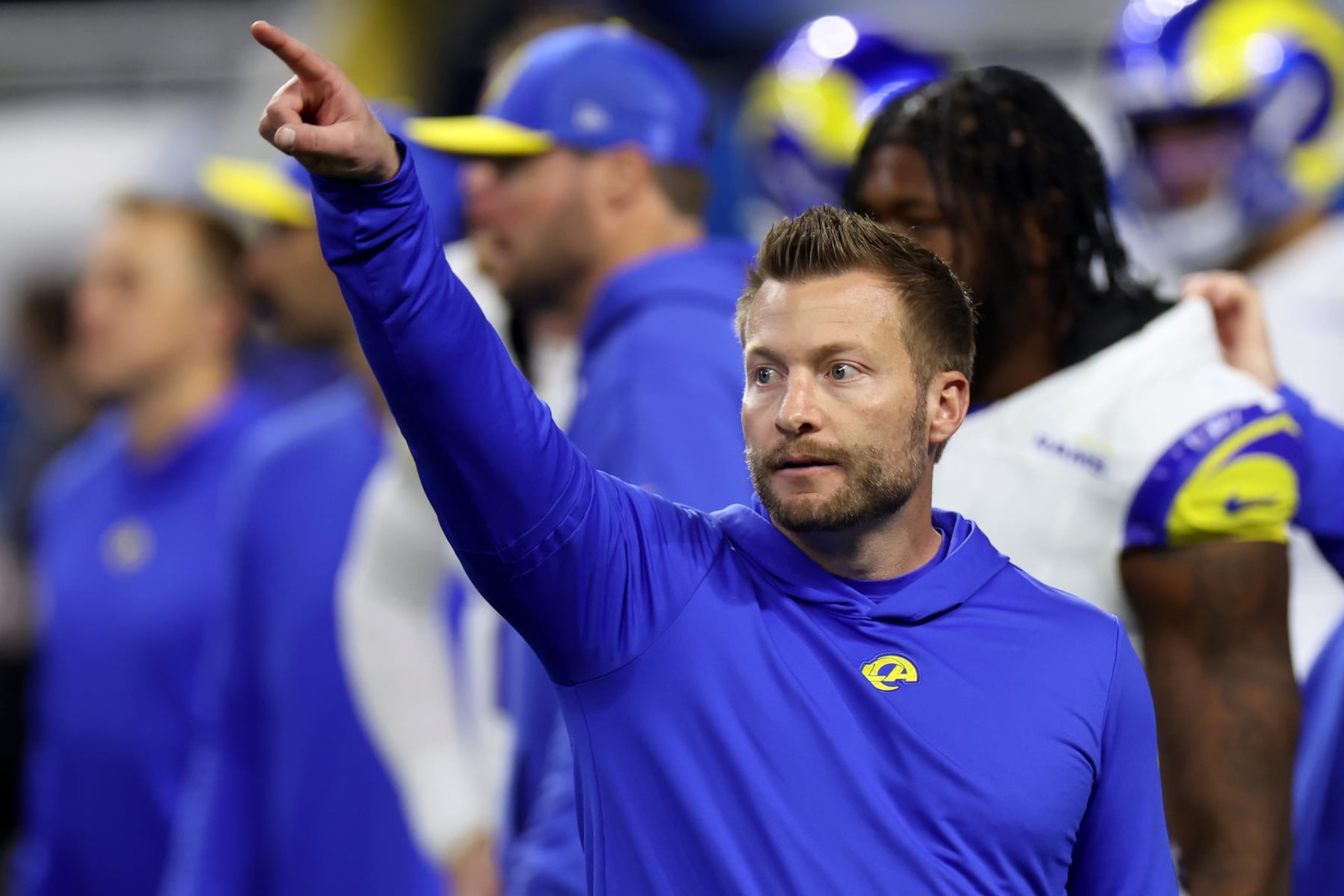 DETROIT, MICHIGAN - JANUARY 14: Head coach Sean McVay of the Los Angeles Rams reacts prior to a game against the Detroit Lions in the NFC Wild Card Playoffs at Ford Field on January 14, 2024 in Detroit, Michigan. (Photo by Gregory Shamus/Getty Images)