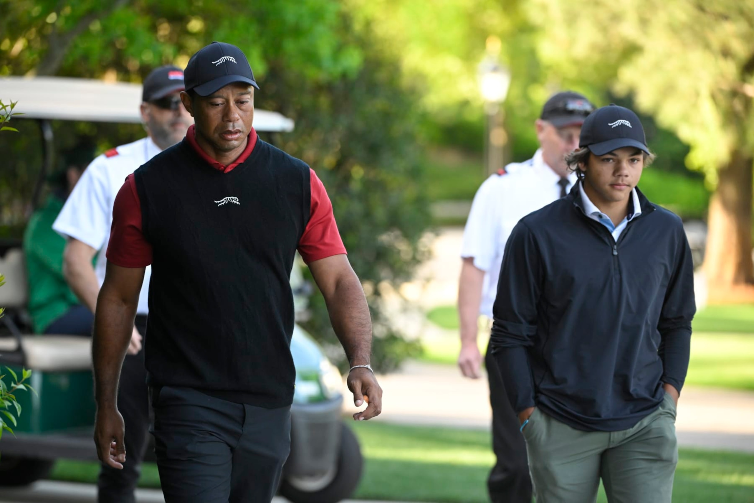 AUGUSTA, GEORGIA - APRIL 14: Tiger Woods and his son Charlie arrive for the final round of Masters Tournament at Augusta National Golf Club on April 14, 2024 in Augusta, Georgia. (Photo by Ben Jared/PGA TOUR via Getty Images) AUGUSTA, GEORGIA - APRIL 14: Tiger Woods and his son Charlie arrive for the final round of Masters Tournament at Augusta National Golf Club on April 14, 2024 in Augusta, Georgia. (Photo by Ben Jared/PGA TOUR via Getty Images)