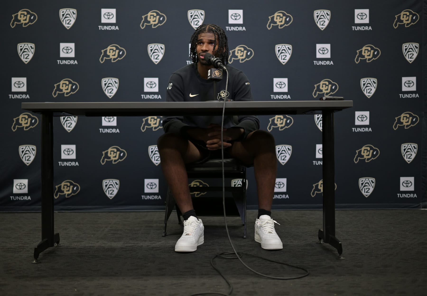 BOULDER, COLORADO - MARCH 20:  Colorado Buffaloes Quarterback Shedeur Sanders speaks with the media on campus in Boulder, Colorado on March 20, 2024. Photo by  RJ Sangosti/MediaNews Group/The Denver Post via Getty Images)