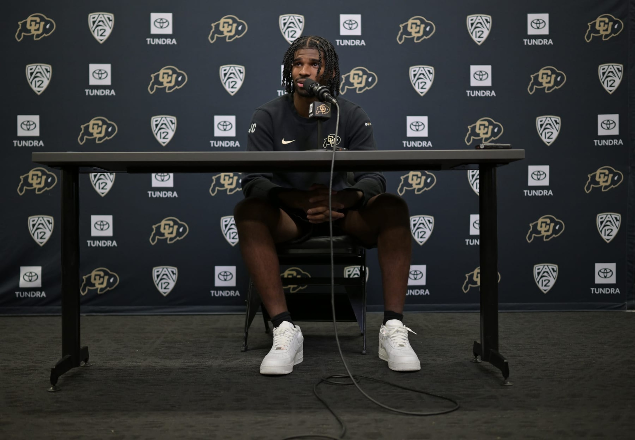 BOULDER, COLORADO - MARCH 20:  Colorado Buffaloes Quarterback Shedeur Sanders speaks with the media on campus in Boulder, Colorado on March 20, 2024. Photo by  RJ Sangosti/MediaNews Group/The Denver Post via Getty Images)