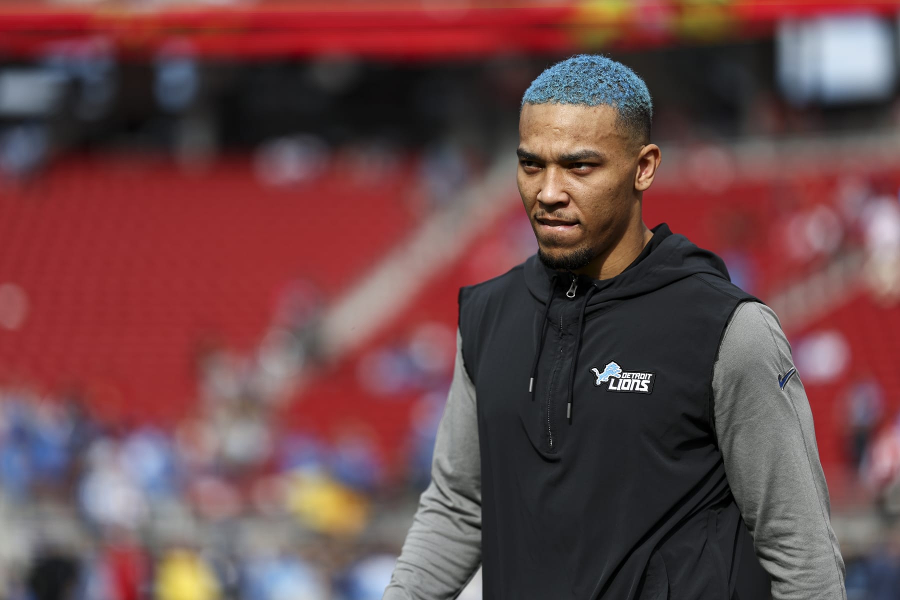 SANTA CLARA, CA - JANUARY 28: Amon-Ra St. Brown #14 of the Detroit Lions warms up prior to the NFC Championship NFL football game against the San Francisco 49ers at Levi's Stadium on January 28, 2024 in Santa Clara, California. (Photo by Kevin Sabitus/Getty Images)