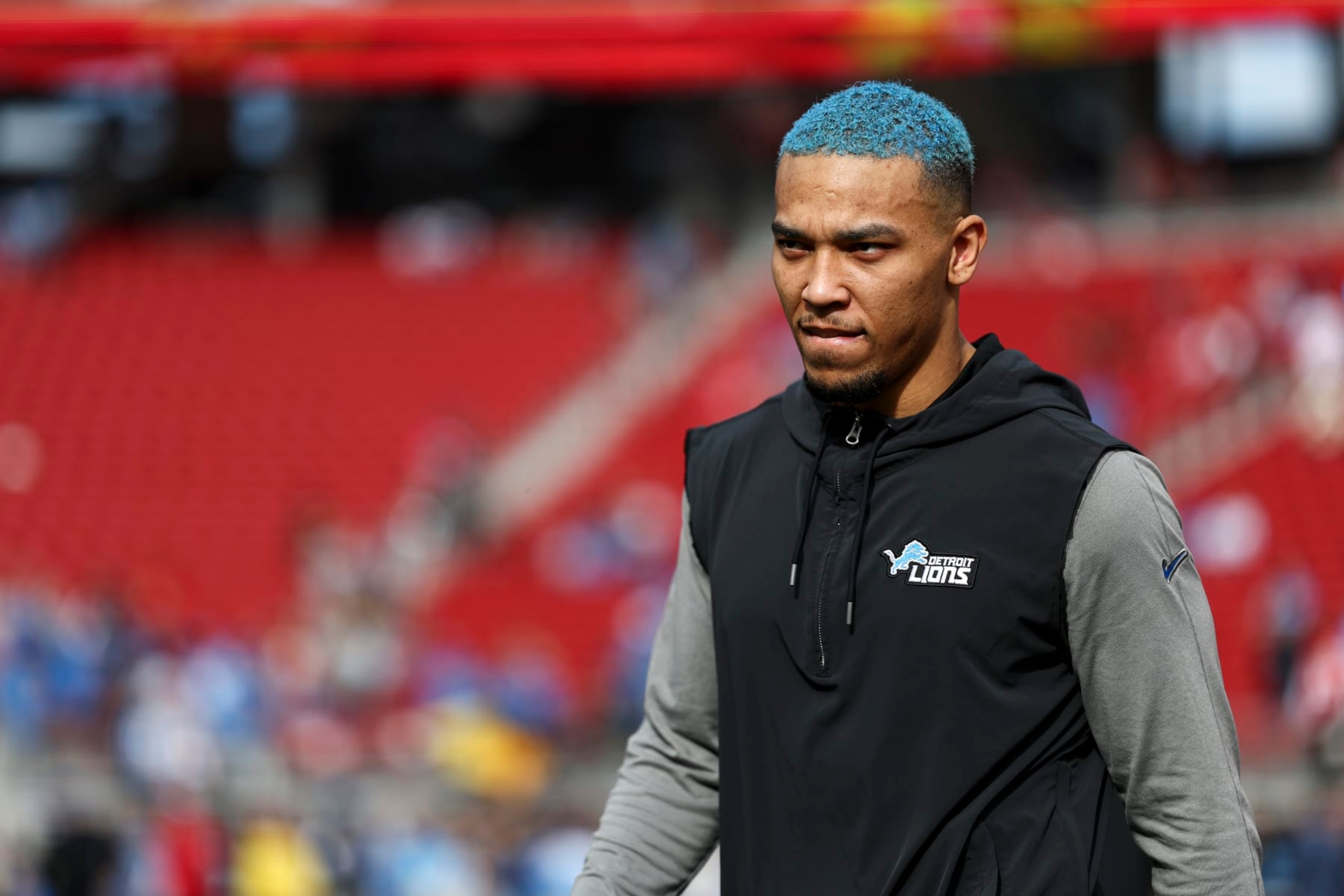 SANTA CLARA, CA - JANUARY 28: Amon-Ra St. Brown #14 of the Detroit Lions warms up prior to the NFC Championship NFL football game against the San Francisco 49ers at Levi's Stadium on January 28, 2024 in Santa Clara, California. (Photo by Kevin Sabitus/Getty Images)
