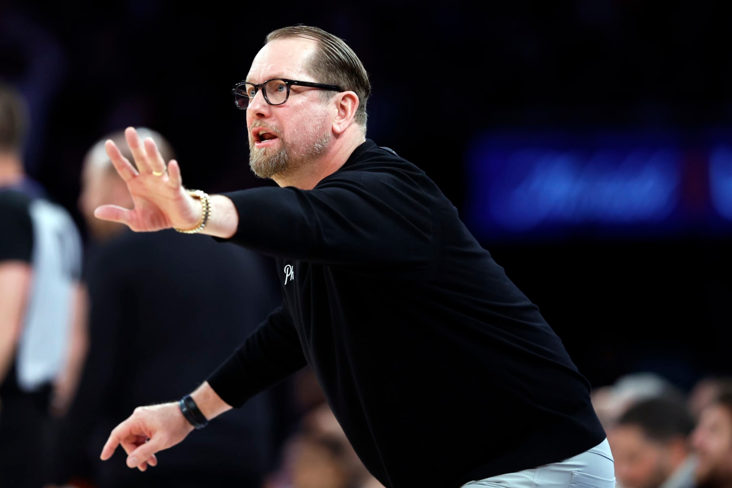 NEW YORK, NEW YORK - APRIL 22: Head coach Nick Nurse of the Philadelphia 76ers reacts during the first half against the New York Knicks in Game Two of the Eastern Conference First Round Playoffs at Madison Square Garden on April 22, 2024 in New York City. NOTE TO USER: User expressly acknowledges and agrees that, by downloading and or using this photograph, User is consenting to the terms and conditions of the Getty Images License Agreement. (Photo by Sarah Stier/Getty Images)