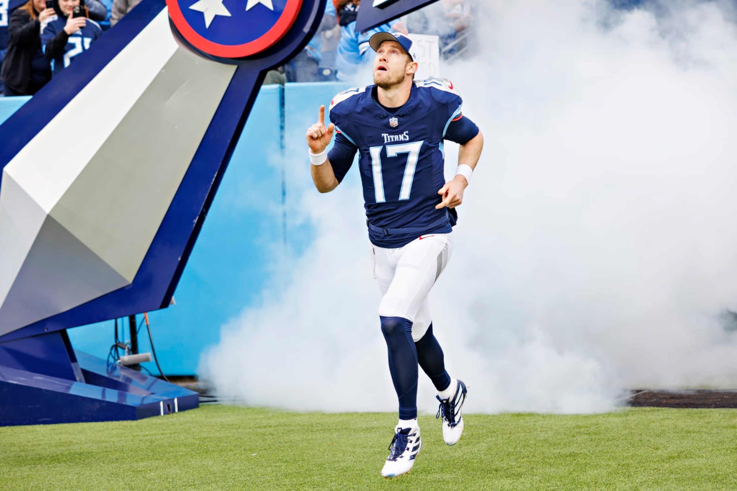 NASHVILLE TENNESSEE - JANUARY 07: Ryan Tannehill #17 of the Tennessee Titans during introductions before the game against the Jacksonville Jaguars in Nashville, Tennessee at Nissan Stadium on January 7, 2024 in Houston, Texas. The Titans defeated the Jaguars 28-20. (Photo by Wesley Hitt/Getty Images) NASHVILLE TENNESSEE - JANUARY 07: Ryan Tannehill #17 of the Tennessee Titans during introductions before the game against the Jacksonville Jaguars in Nashville, Tennessee at Nissan Stadium on January 7, 2024 in Houston, Texas. The Titans defeated the Jaguars 28-20. (Photo by Wesley Hitt/Getty Images)