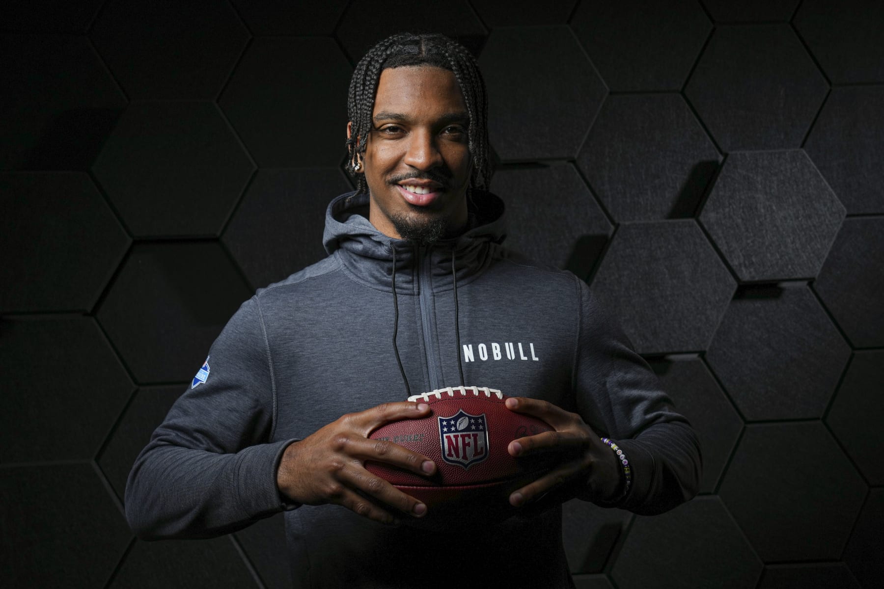 INDIANAPOLIS, INDIANA - FEBRUARY 29: Quarterback Jayden Daniels of the LSU Tigers poses for portraits at the Indiana Convention Center on February 29, 2024 in Indianapolis, Indiana. (Photo by Todd Rosenberg/Getty Images)