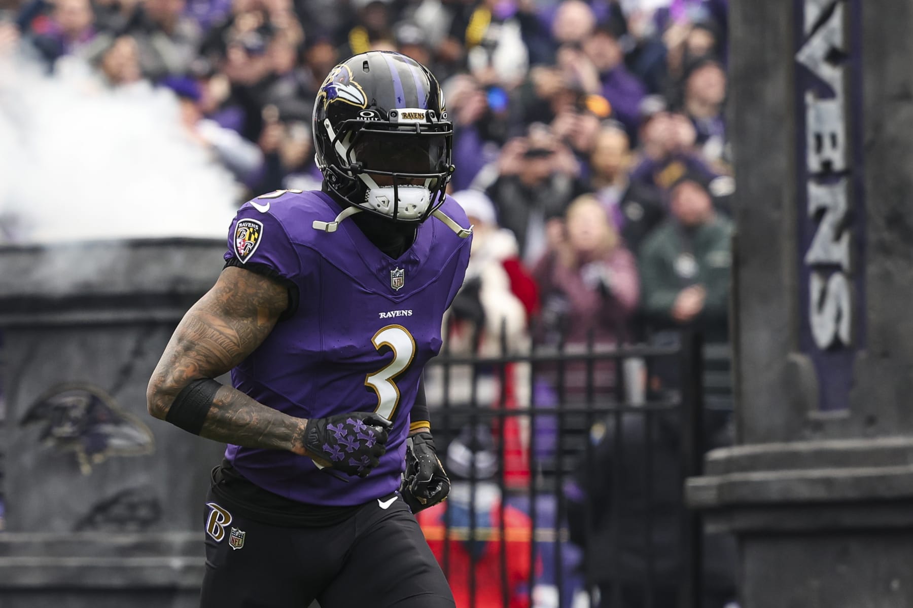BALTIMORE, MD - JANUARY 28: Odell Beckham Jr. #3 of the Baltimore Ravens runs out of the tunnel prior to the AFC Championship NFL football game against the Kansas City Chiefs at M&T Bank Stadium on January 28, 2024 in Baltimore, Maryland. (Photo by Perry Knotts/Getty Images)