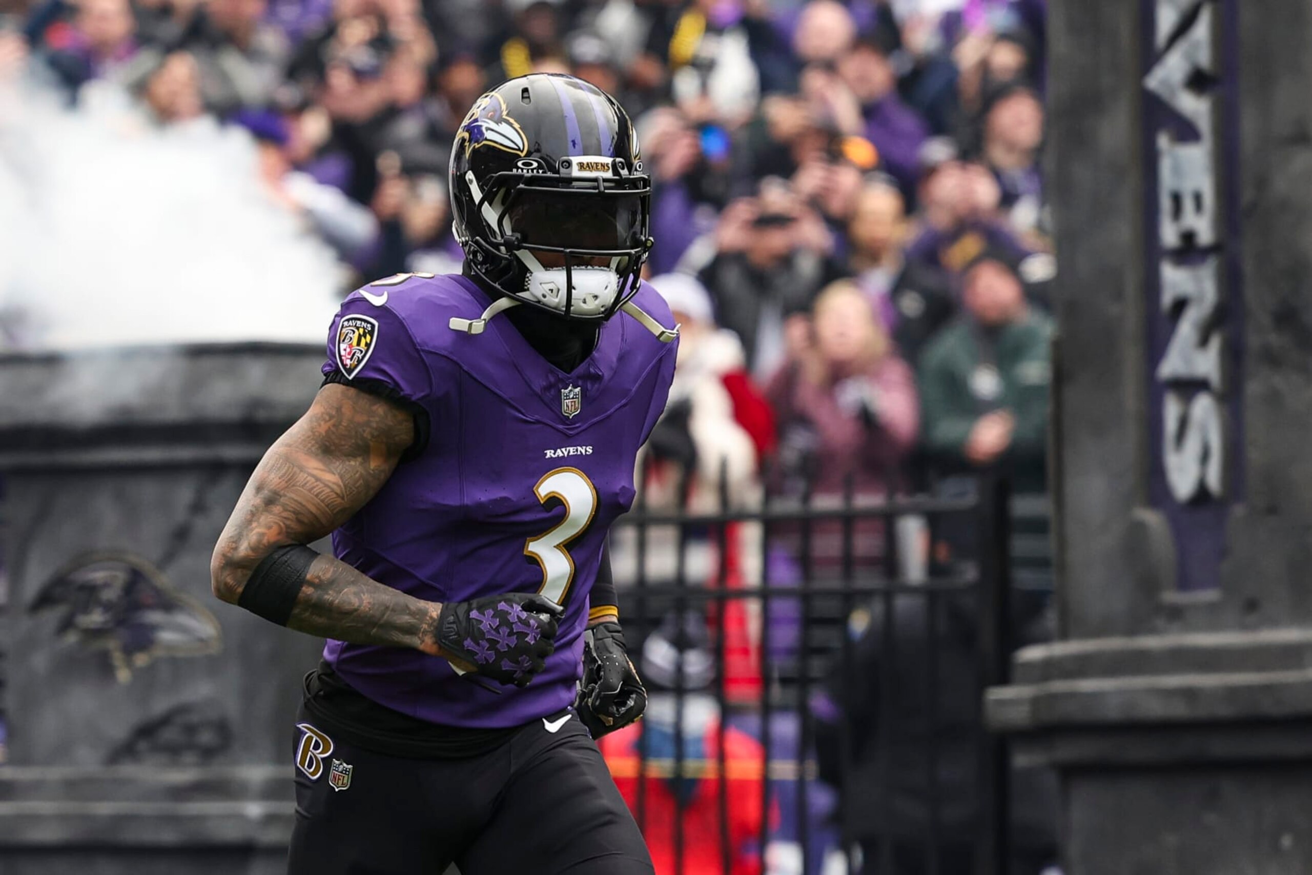 BALTIMORE, MD - JANUARY 28: Odell Beckham Jr. #3 of the Baltimore Ravens runs out of the tunnel prior to the AFC Championship NFL football game against the Kansas City Chiefs at M&T Bank Stadium on January 28, 2024 in Baltimore, Maryland. (Photo by Perry Knotts/Getty Images) BALTIMORE, MD - JANUARY 28: Odell Beckham Jr. #3 of the Baltimore Ravens runs out of the tunnel prior to the AFC Championship NFL football game against the Kansas City Chiefs at M&T Bank Stadium on January 28, 2024 in Baltimore, Maryland. (Photo by Perry Knotts/Getty Images)