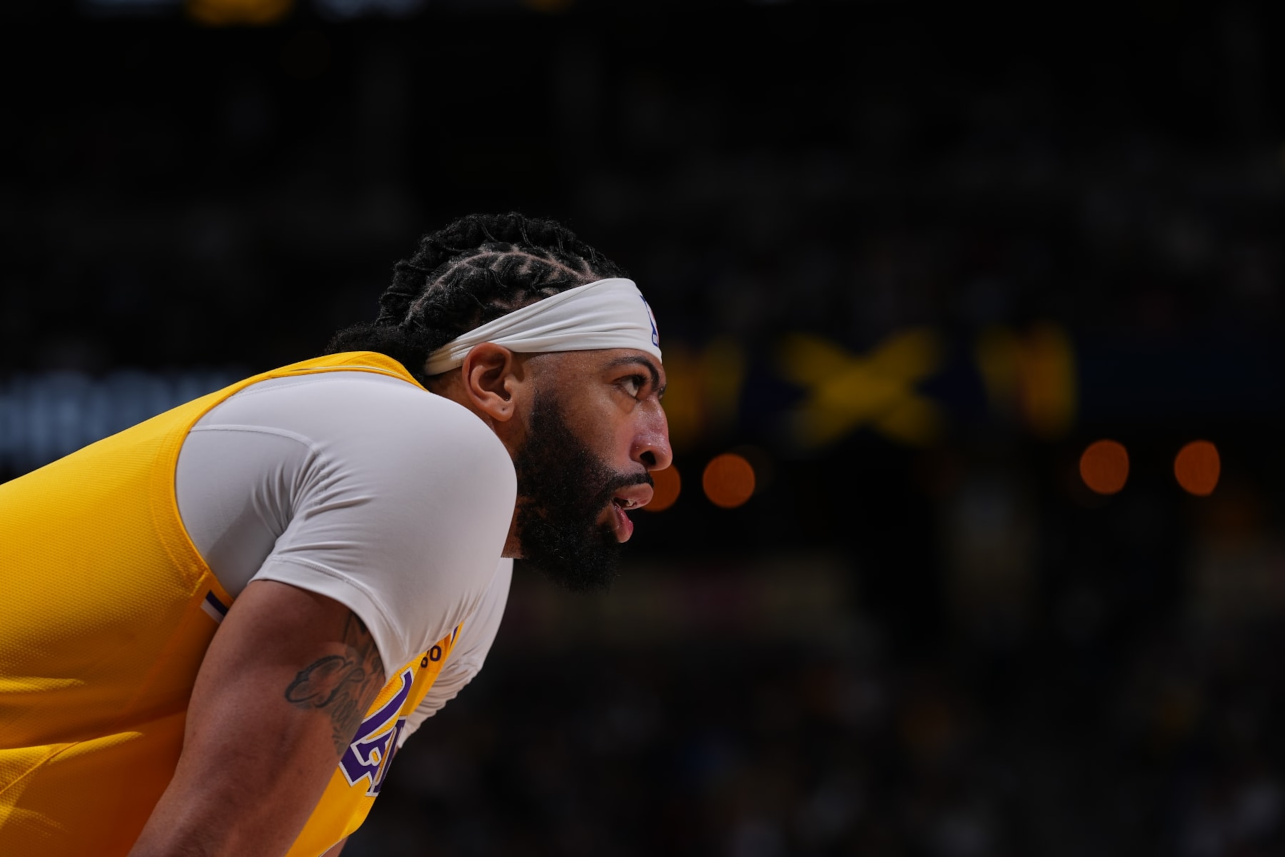 DENVER, CO - APRIL 22: Anthony Davis #3 of the Los Angeles Lakers looks on during the game against the Denver Nuggets on April 22, 2024 at the Ball Arena in Denver, Colorado. NOTE TO USER: User expressly acknowledges and agrees that, by downloading and/or using this Photograph, user is consenting to the terms and conditions of the Getty Images License Agreement. Mandatory Copyright Notice: Copyright 2024 NBAE (Photo by Bart Young/NBAE via Getty Images)