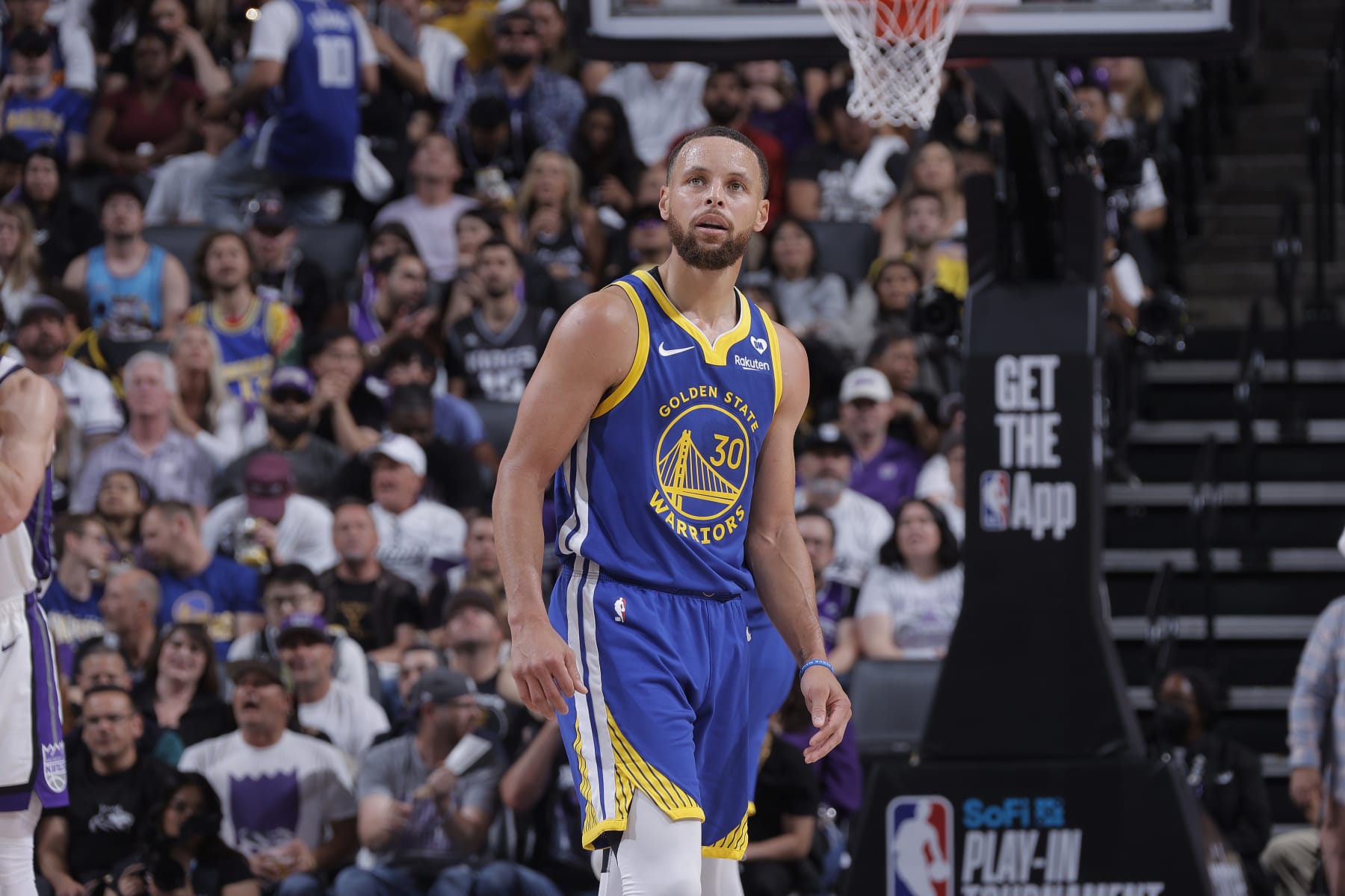 SACRAMENTO, CA - APRIL 16: Stephen Curry #30 of the Golden State Warriors looks on during the game against the Sacramento Kings during the 2024 Play-In Tournament on April 16, 2024 at Golden 1 Center in Sacramento, California. NOTE TO USER: User expressly acknowledges and agrees that, by downloading and or using this photograph, User is consenting to the terms and conditions of the Getty Images Agreement. Mandatory Copyright Notice: Copyright 2024 NBAE (Photo by Rocky Widner/NBAE via Getty Images)