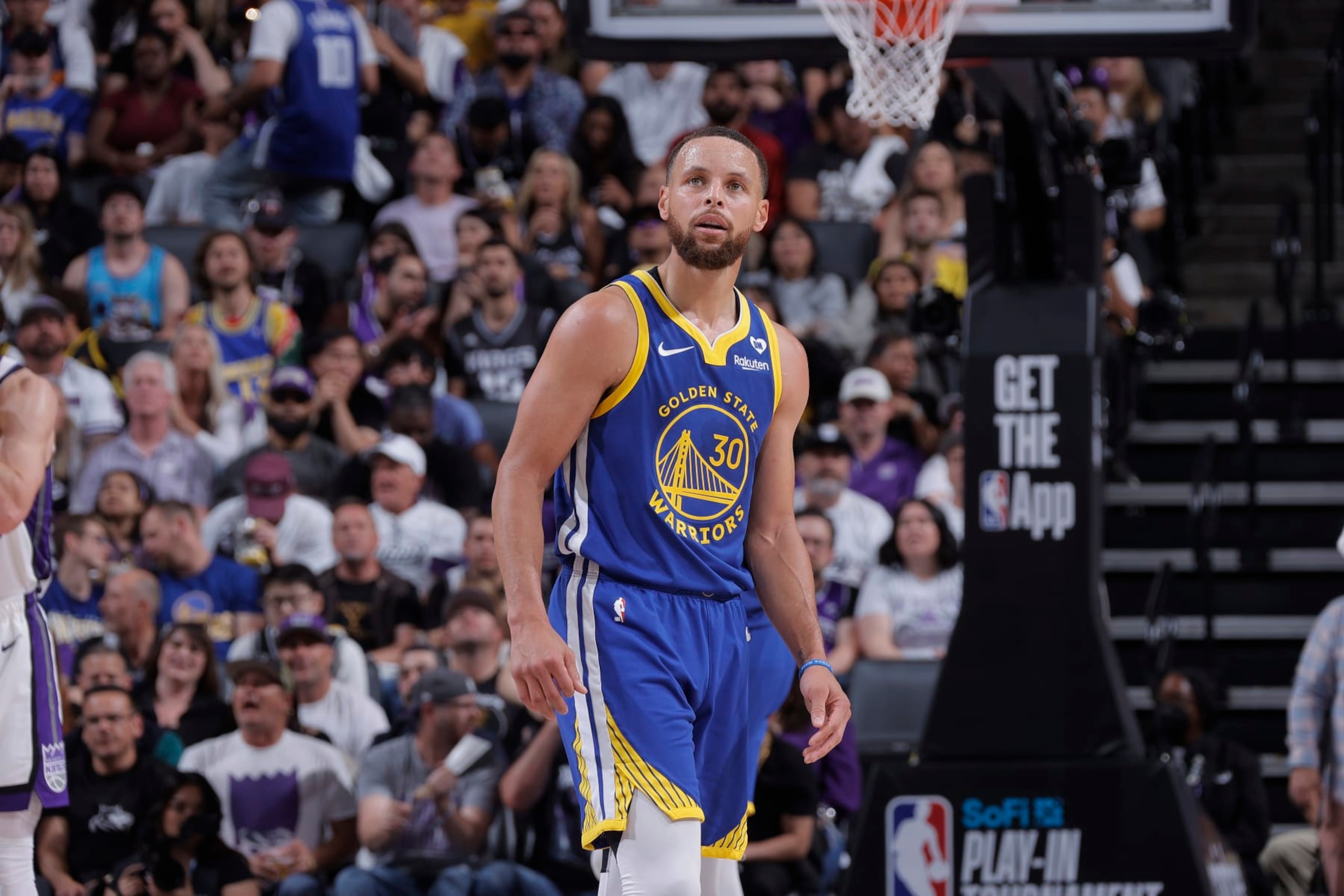 SACRAMENTO, CA - APRIL 16: Stephen Curry #30 of the Golden State Warriors looks on during the game against the Sacramento Kings during the 2024 Play-In Tournament on April 16, 2024 at Golden 1 Center in Sacramento, California. NOTE TO USER: User expressly acknowledges and agrees that, by downloading and or using this photograph, User is consenting to the terms and conditions of the Getty Images Agreement. Mandatory Copyright Notice: Copyright 2024 NBAE (Photo by Rocky Widner/NBAE via Getty Images)