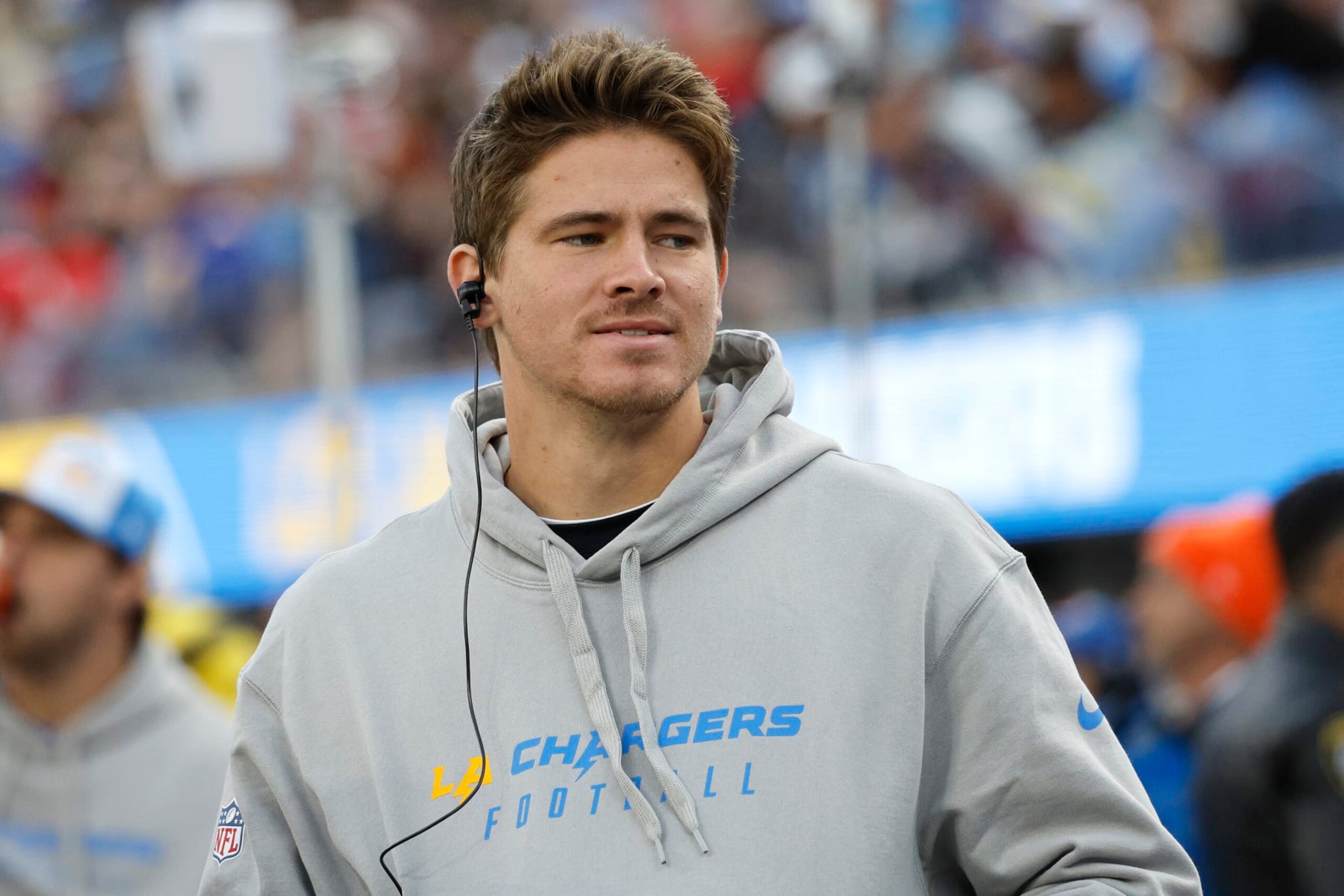 INGLEWOOD, CALIFORNIA - JANUARY 07: Justin Herbert #10 of the Los Angeles Chargers looks on from the sidelines during a game against the Kansas City Chiefs at SoFi Stadium on January 07, 2024 in Inglewood, California. (Photo by Kevork Djansezian/Getty Images)