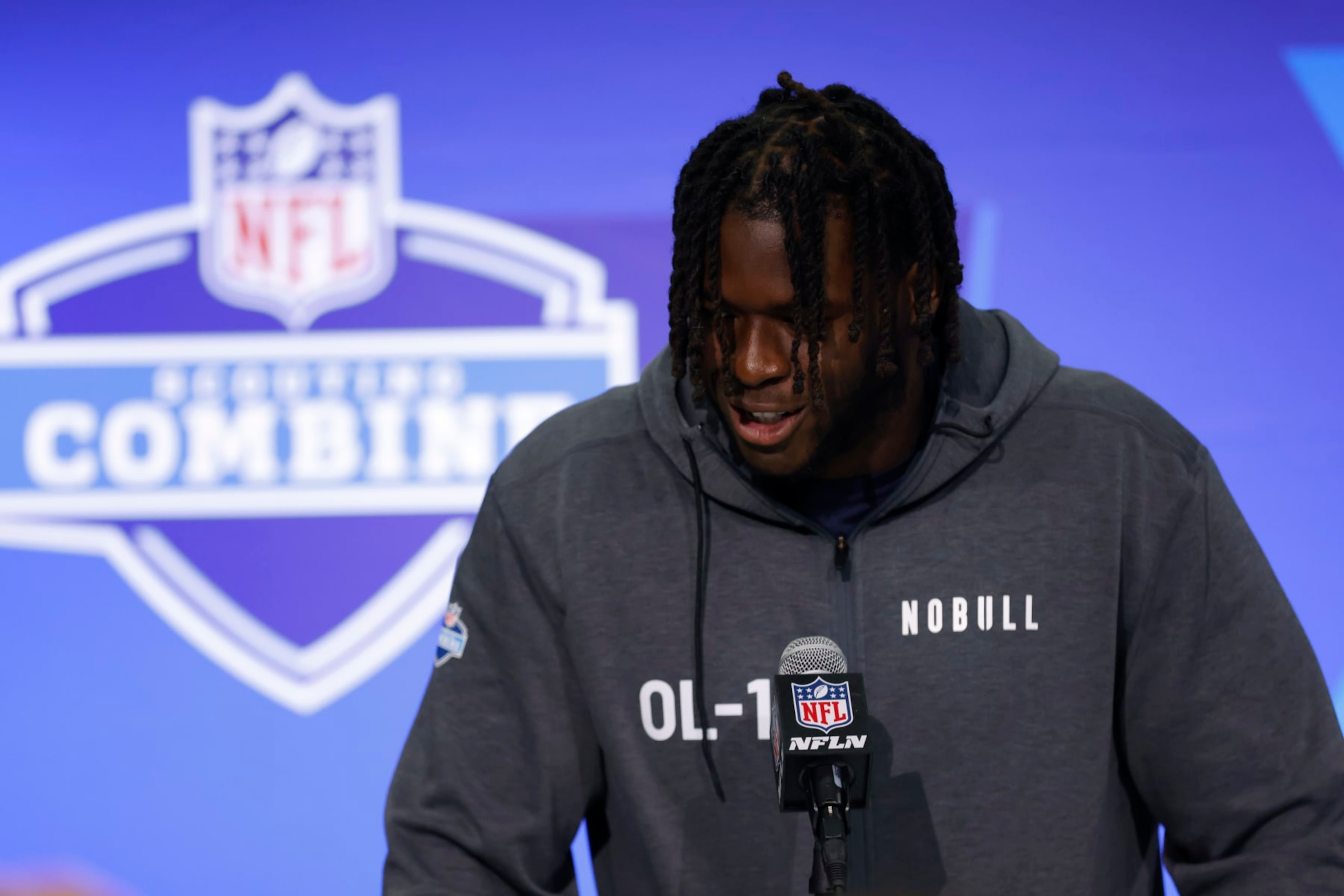 INDIANAPOLIS, INDIANA - MARCH 02: Olu Fashanu #OL18 of the Penn State speaks to the media during the 2024 NFL Combine at the Indiana Convention Center on March 02, 2024 in Indianapolis, Indiana. (Photo by Justin Casterline/Getty Images)