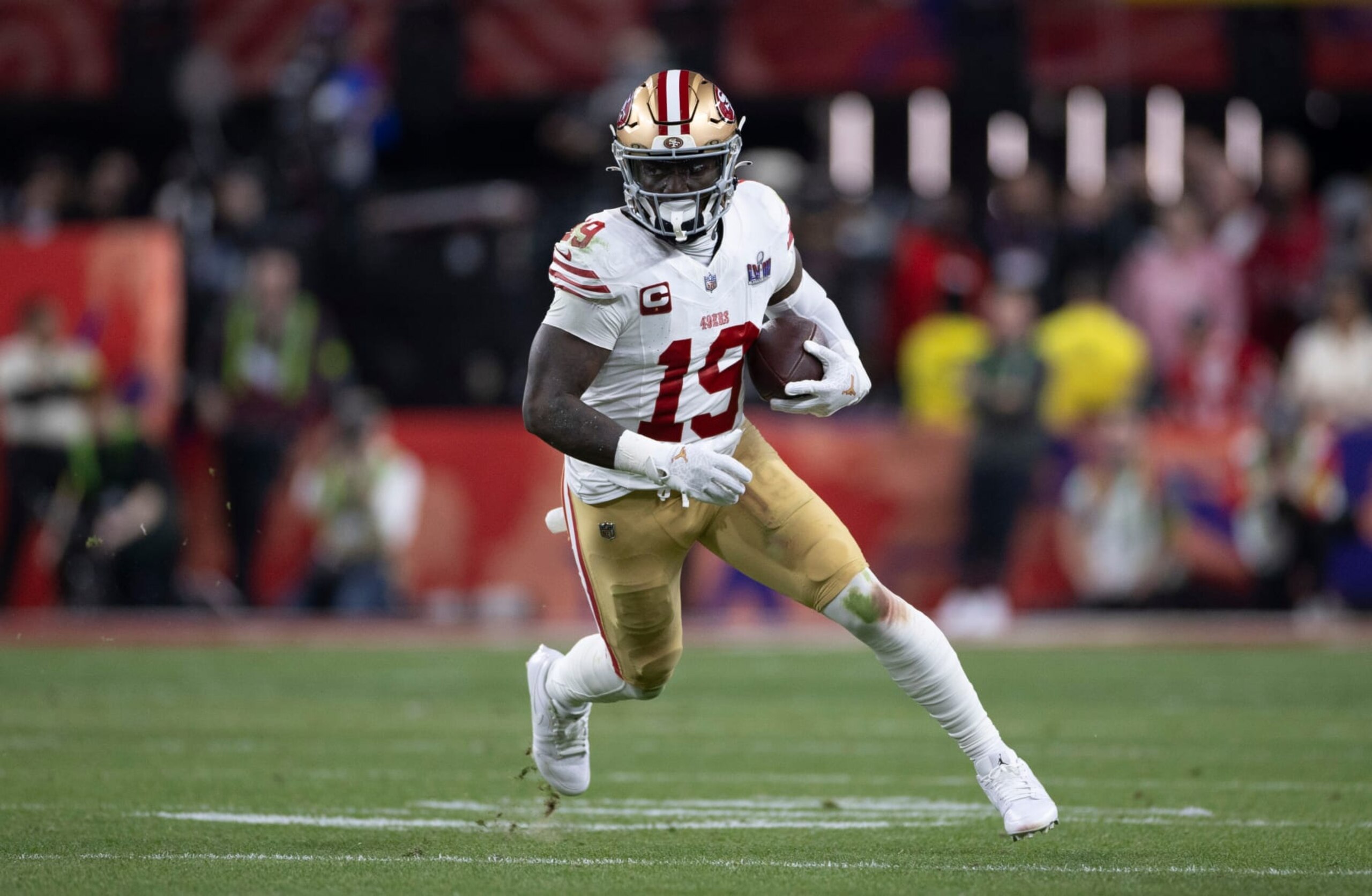 LAS VEGAS, NV - FEBRUARY 11: Deebo Samuel #19 of the San Francisco 49ers runs after making a catch during Super Bowl LVIII against the Kansas City Chiefs at Allegiant Stadium on February 11, 2024 in Las Vegas, Nevada. The Chiefs defeated the 49ers 25-22. (Photo by Michael Zagaris/San Francisco 49ers/Getty Images)