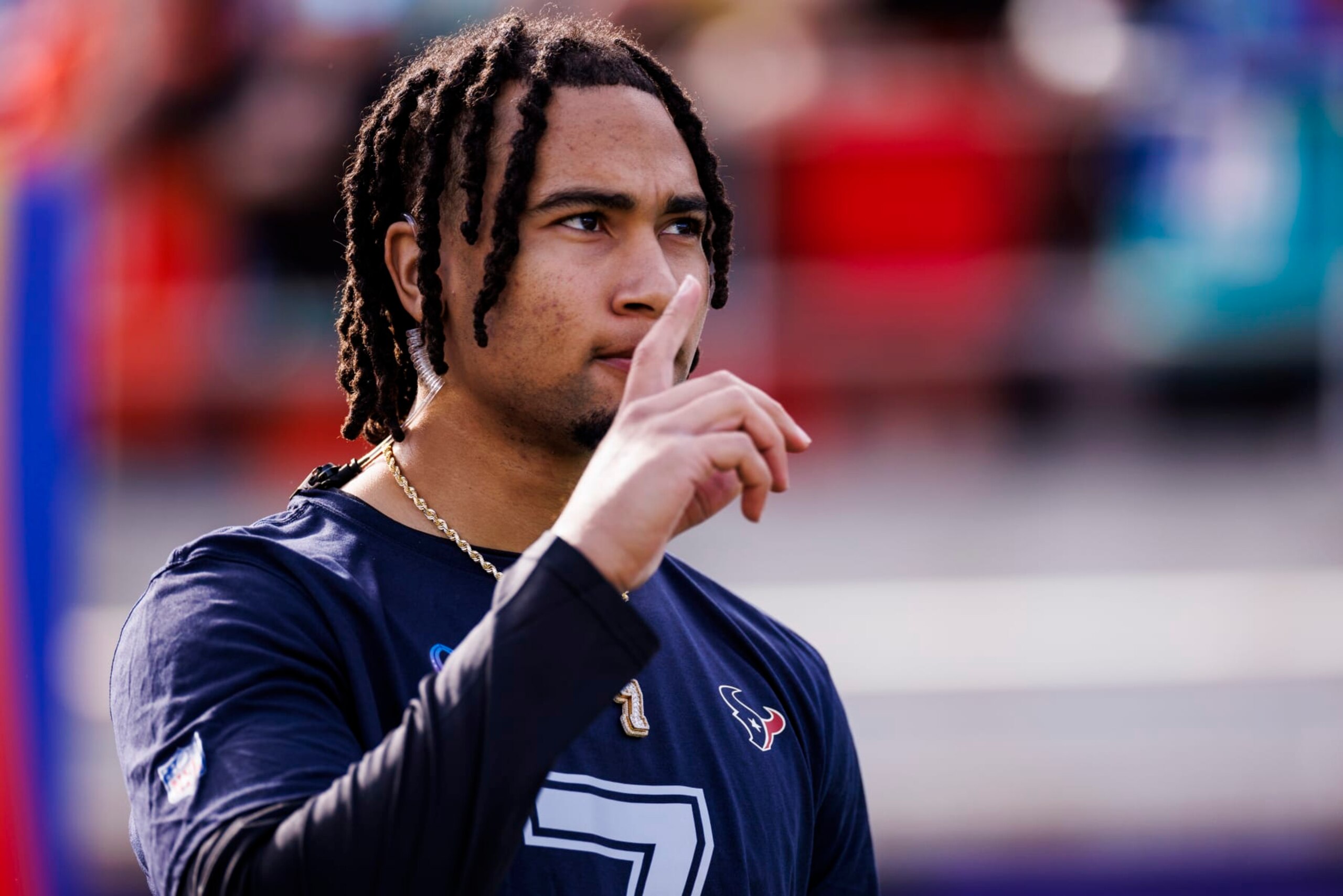 ORLANDO, FLORIDA - FEBRUARY 04:  C.J. Stroud #7 of the Houston Texans and AFC looks on before the 2024 NFL Pro Bowl at Camping World Stadium on February 04, 2024 in Orlando, Florida. (Photo by James Gilbert/Getty Images)