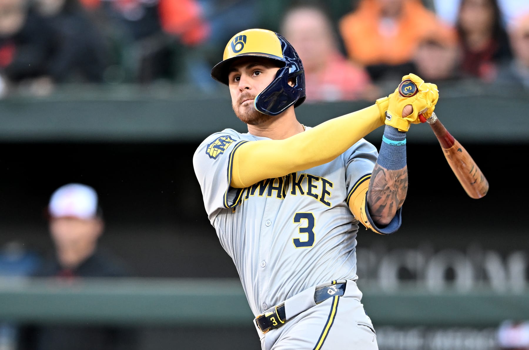 BALTIMORE, MARYLAND - APRIL 13: Joey Ortiz #3 of the Milwaukee Brewers bats against the Baltimore Orioles at Oriole Park at Camden Yards on April 13, 2024 in Baltimore, Maryland. (Photo by G Fiume/Getty Images)