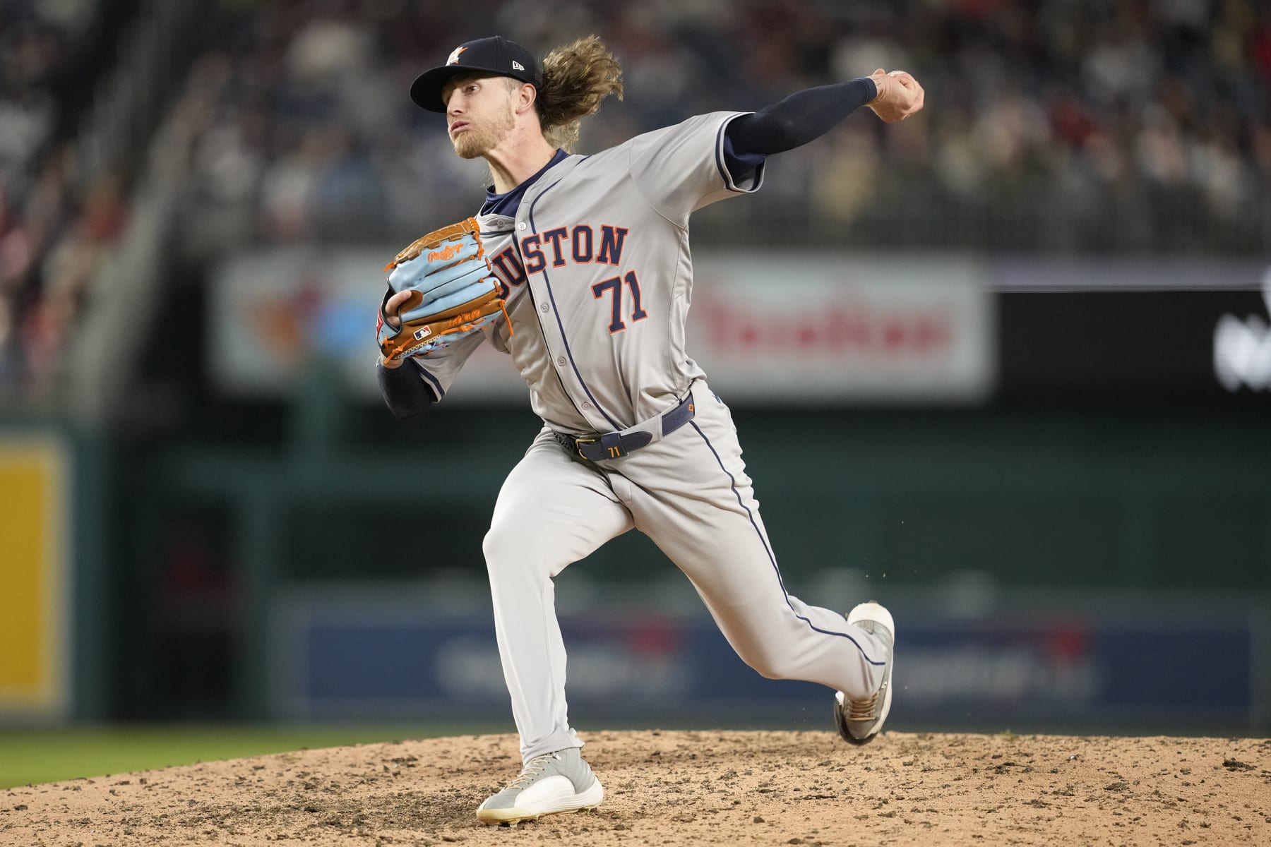 WASHINGTON, DC - APRIL 19: Josh Hader #71 of the Houston Astros pitches in the ninth inning during a baseball game against the Washington Nationals at Nationals Park on April 19, 2024 in Washington, DC. (Photo by Mitchell Layton/Getty Images)