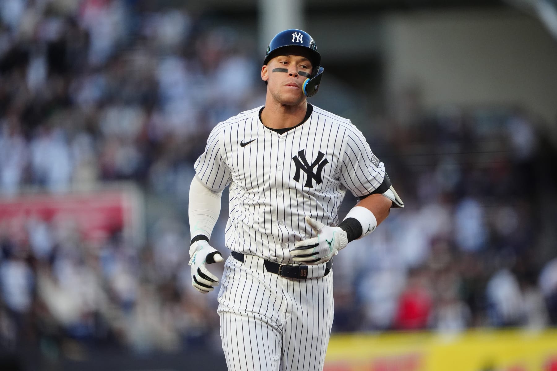 BRONX, NY - APRIL 24: New York Yankees Center Fielder Aaron Judge (99) rounds the bases after hitting a two run home run during the first inning of the Major League Baseball game between the Oakland Athletics and the New York Yankees on April, 24, 2024, at Yankee Stadium in Bronx, NY.(Photo by Gregory Fisher/Icon Sportswire via Getty Images)