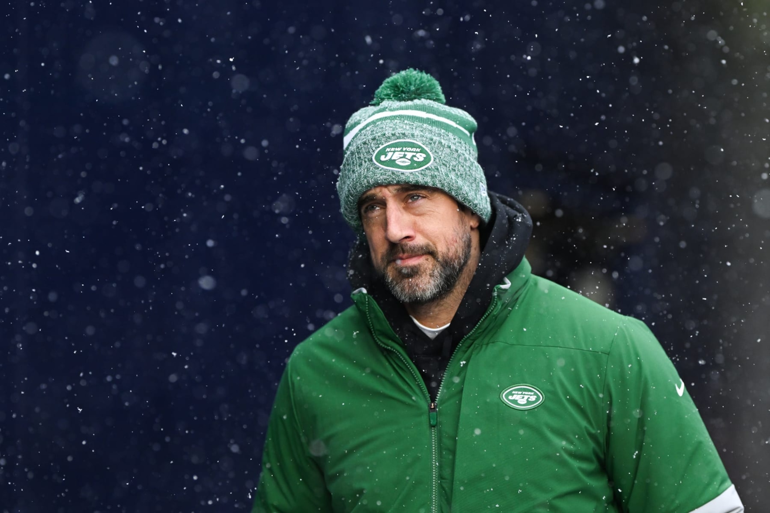 FOXBOROUGH, MA - JANUARY 7: Aaron Rodgers #8 of the New York Jets runs onto the field prior to the start of the game against the New England Patriots at Gillette Stadium on January 7, 2024 in Foxborough, Massachusetts. (Photo by Kathryn Riley/Getty Images)