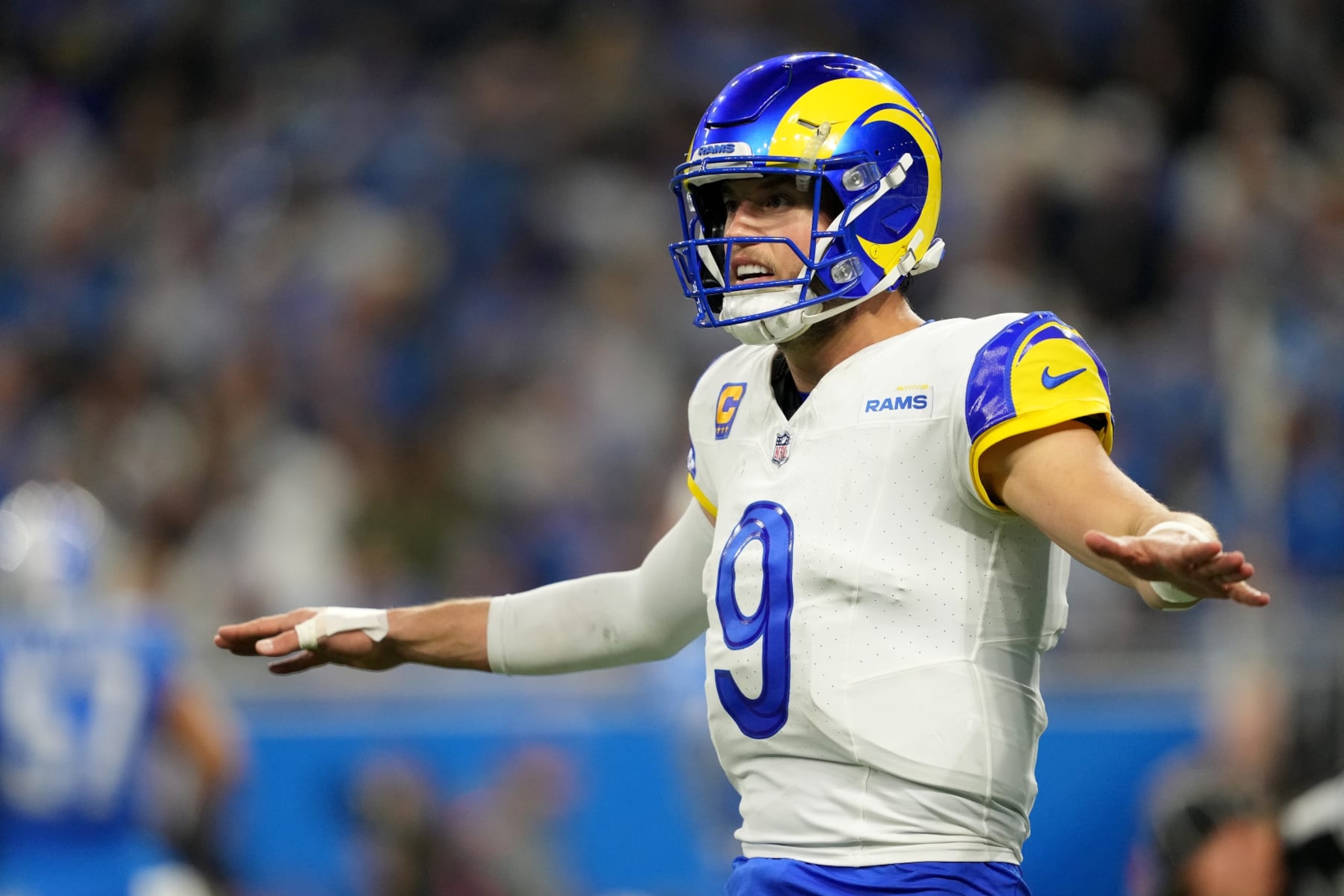 DETROIT, MICHIGAN - JANUARY 14: Matthew Stafford #9 of the Los Angeles Rams reacts during the third quarter against the Detroit Lions in the NFC Wild Card Playoffs at Ford Field on January 14, 2024 in Detroit, Michigan. (Photo by Nic Antaya/Getty Images)