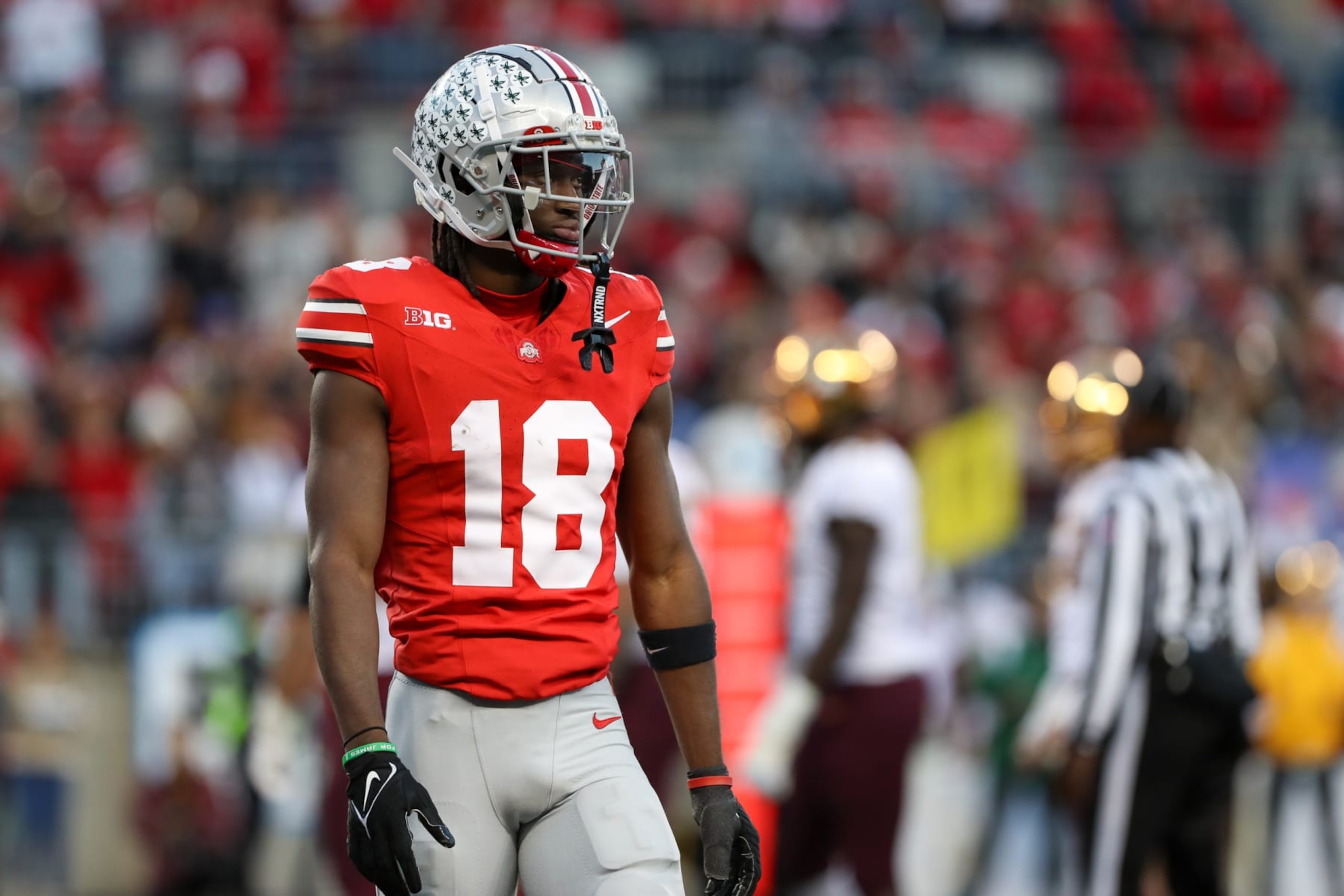 COLUMBUS, OH - NOVEMBER 18: Ohio State Buckeyes wide receiver Marvin Harrison Jr. (18) lines up for a play during the game against the Minnesota Golden Gophers and the Ohio State Buckeyes on November 18, 2023, at Ohio Stadium in Columbus, OH. (Photo by Ian Johnson/Icon Sportswire via Getty Images)