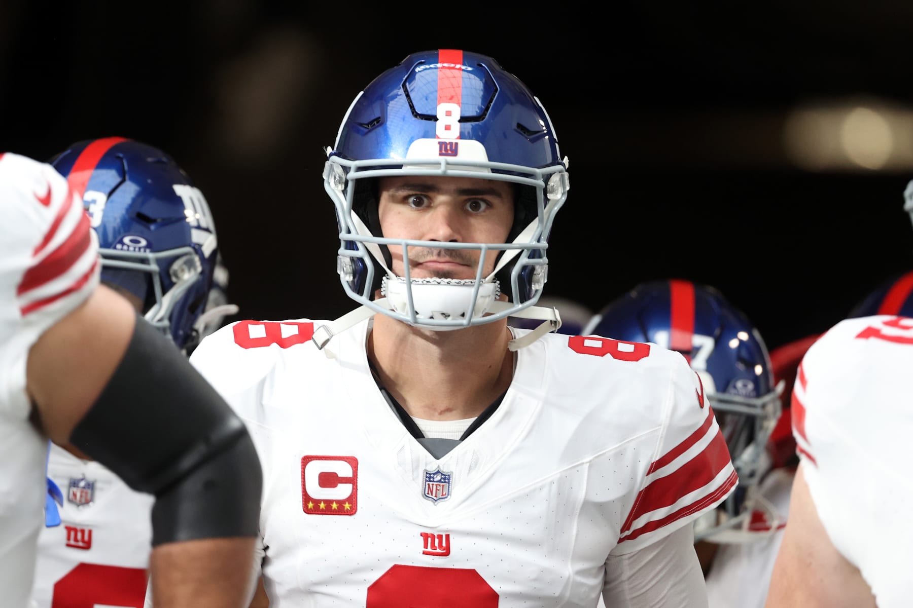 LAS VEGAS, NEVADA - NOVEMBER 05: Daniel Jones #8 of the New York Giants takes the field before a game against the Las Vegas Raiders at Allegiant Stadium on November 05, 2023 in Las Vegas, Nevada. (Photo by Ian Maule/Getty Images)