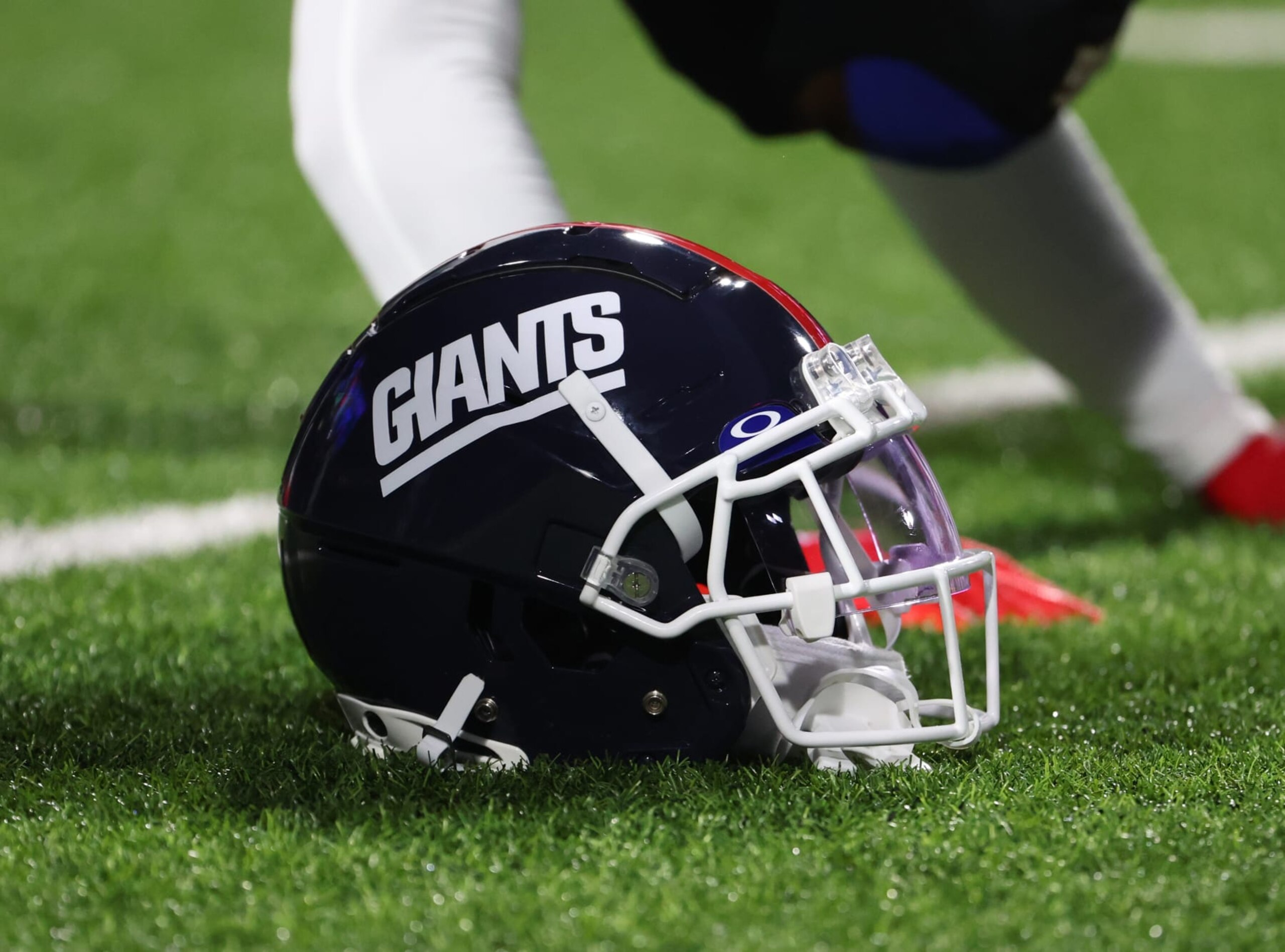 ORCHARD PARK, NEW YORK - OCTOBER 15: A general view of a New York Giants helmet worn by a player before a game against the Buffalo Bills at Highmark Stadium on October 15, 2023 in Orchard Park, New York. (Photo by Timothy T Ludwig/Getty Images)
