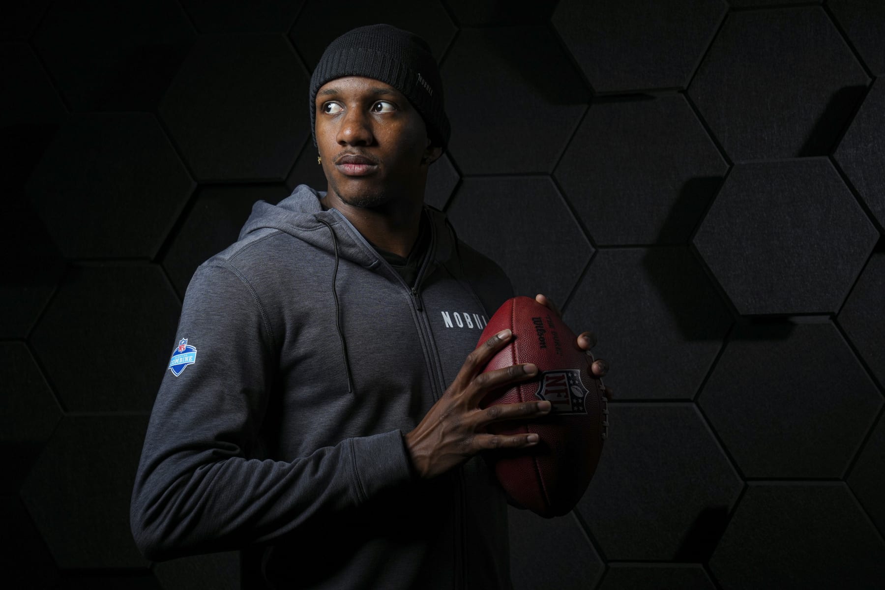 INDIANAPOLIS, INDIANA - FEBRUARY 29: Michael Penix Jr. of the Washington Huskies poses for portraits at the Indiana Convention Center on February 29, 2024 in Indianapolis, Indiana. (Photo by Todd Rosenberg/Getty Images)