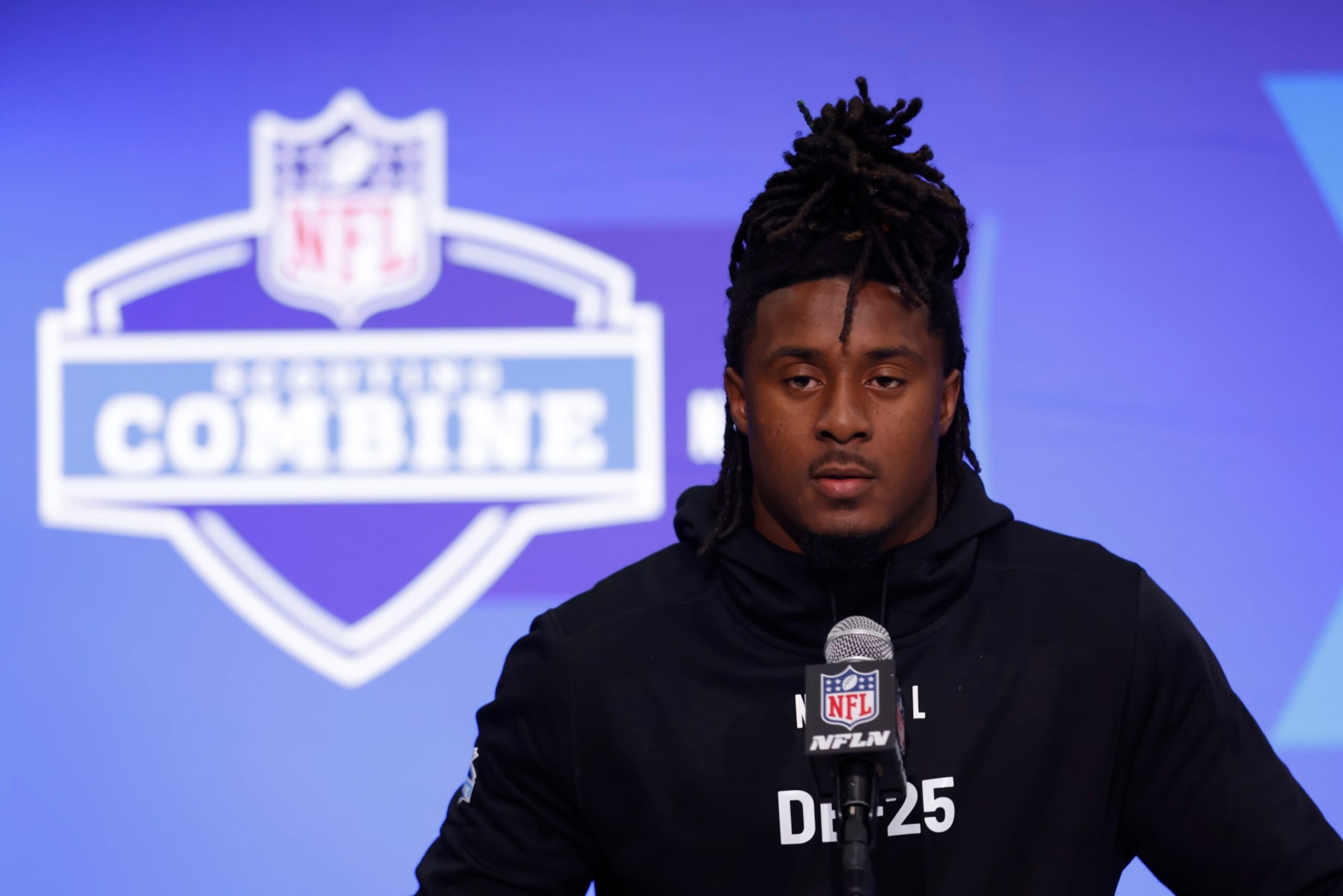 INDIANAPOLIS, INDIANA - FEBRUARY 29: Kool-Aid McKinstry #DB25 of the Alabama speaks to the media during the 2024 NFL Combine at the Indiana Convention Center on February 29, 2024 in Indianapolis, Indiana. (Photo by Justin Casterline/Getty Images)