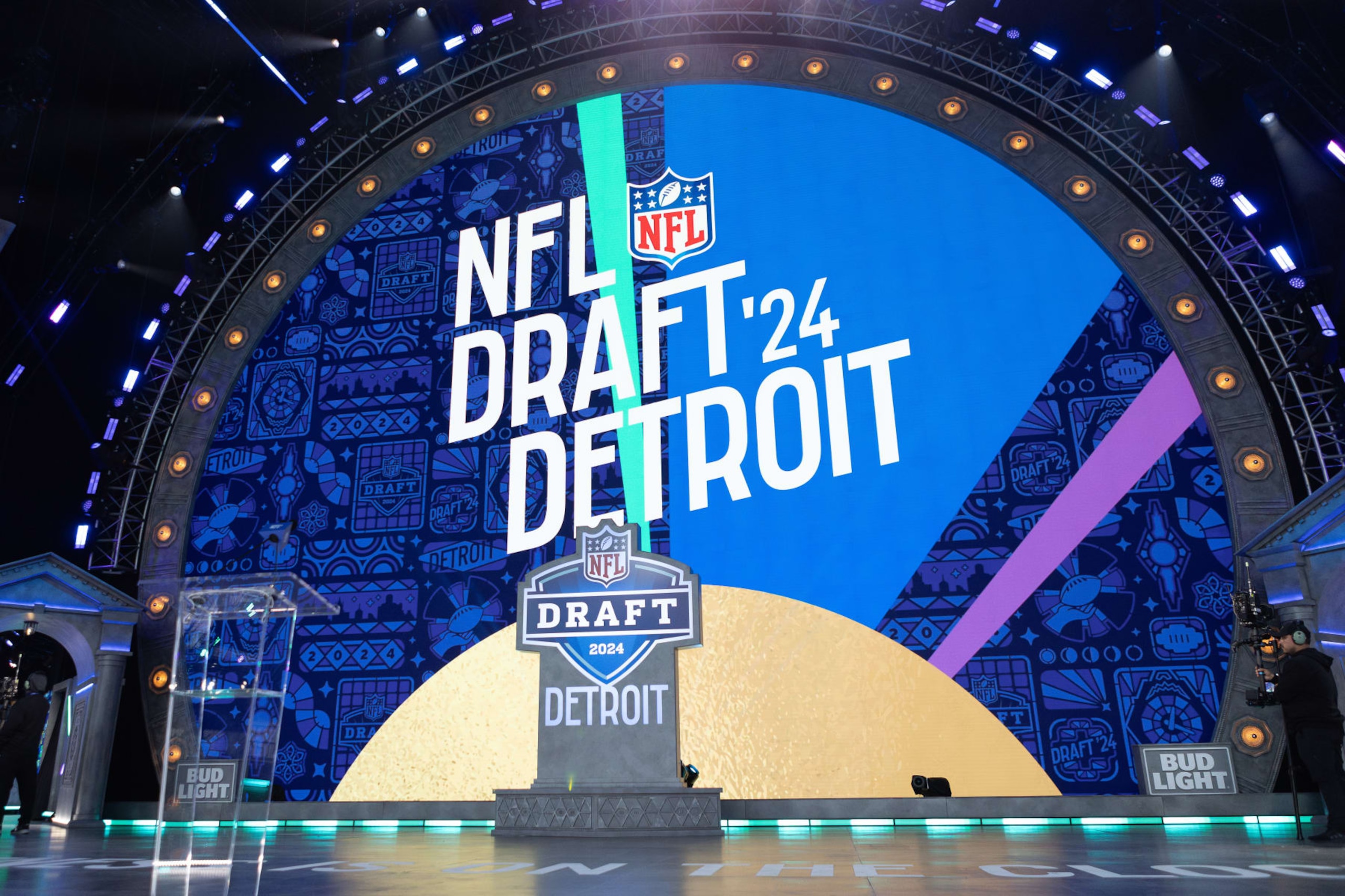 DETROIT, MI - APRIL 25: The stage and podium during day 1 of the NFL Draft on April 25, 2024 at Fox Theatre in Detroit, MI. (Photo by John Smolek/Icon Sportswire via Getty Images) DETROIT, MI - APRIL 25: The stage and podium during day 1 of the NFL Draft on April 25, 2024 at Fox Theatre in Detroit, MI. (Photo by John Smolek/Icon Sportswire via Getty Images)