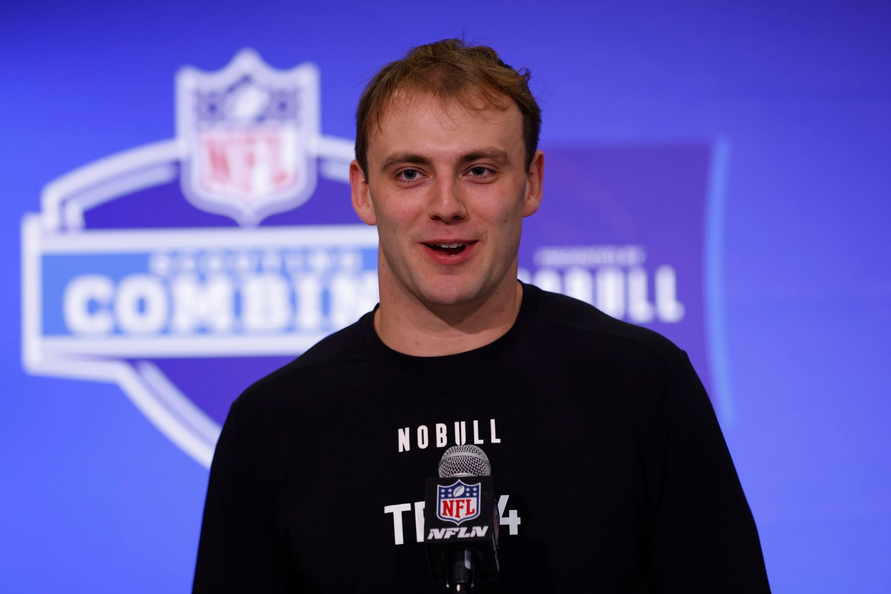 INDIANAPOLIS, INDIANA - FEBRUARY 29: Brock Bowers #TE04 of the Georgia speaks to the media during the 2024 NFL Combine at the Indiana Convention Center on February 29, 2024 in Indianapolis, Indiana. (Photo by Justin Casterline/Getty Images)