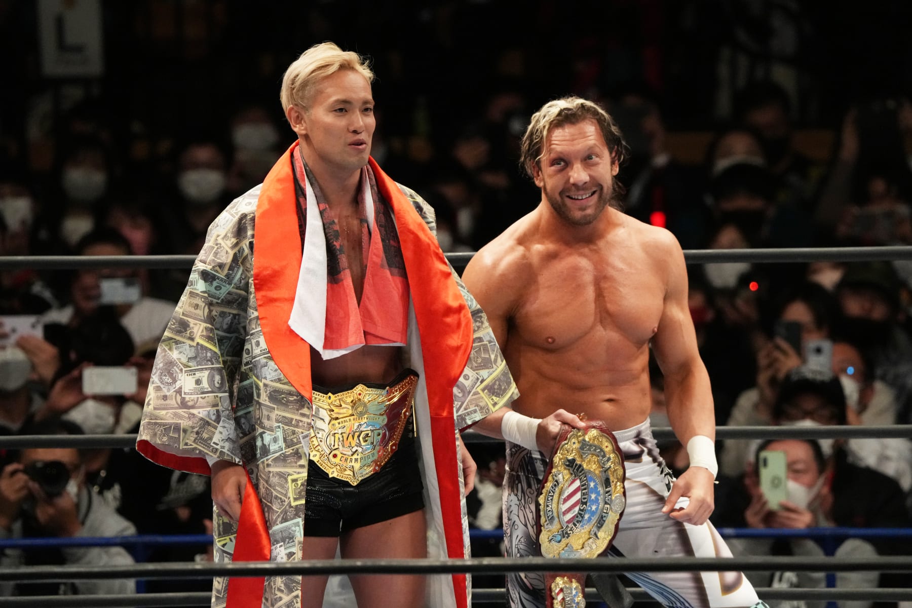 TOKYO, JAPAN - JANUARY 05: Kazuchika Okada and Kenny Omega are seen during the New Japan Pro-Wrestling at Ota-City General Gymnasium on January 05, 2023 in Tokyo, Japan. (Photo by Etsuo Hara/Getty Images)