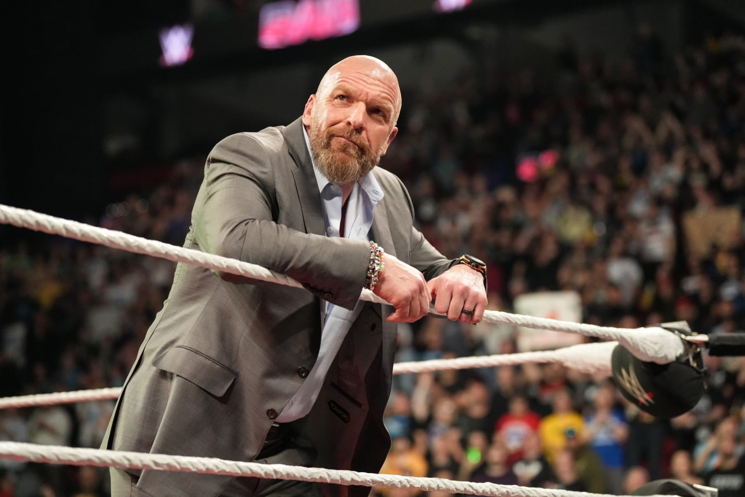 MONTREAL, CANADA - APRIL 15: Triple H makes an appearance during Monday Night RAW at the Bell Centre on April 15, 2024 in Montreal, Canada. (Photo by WWE/Getty Images) MONTREAL, CANADA - APRIL 15: Triple H makes an appearance during Monday Night RAW at the Bell Centre on April 15, 2024 in Montreal, Canada. (Photo by WWE/Getty Images)