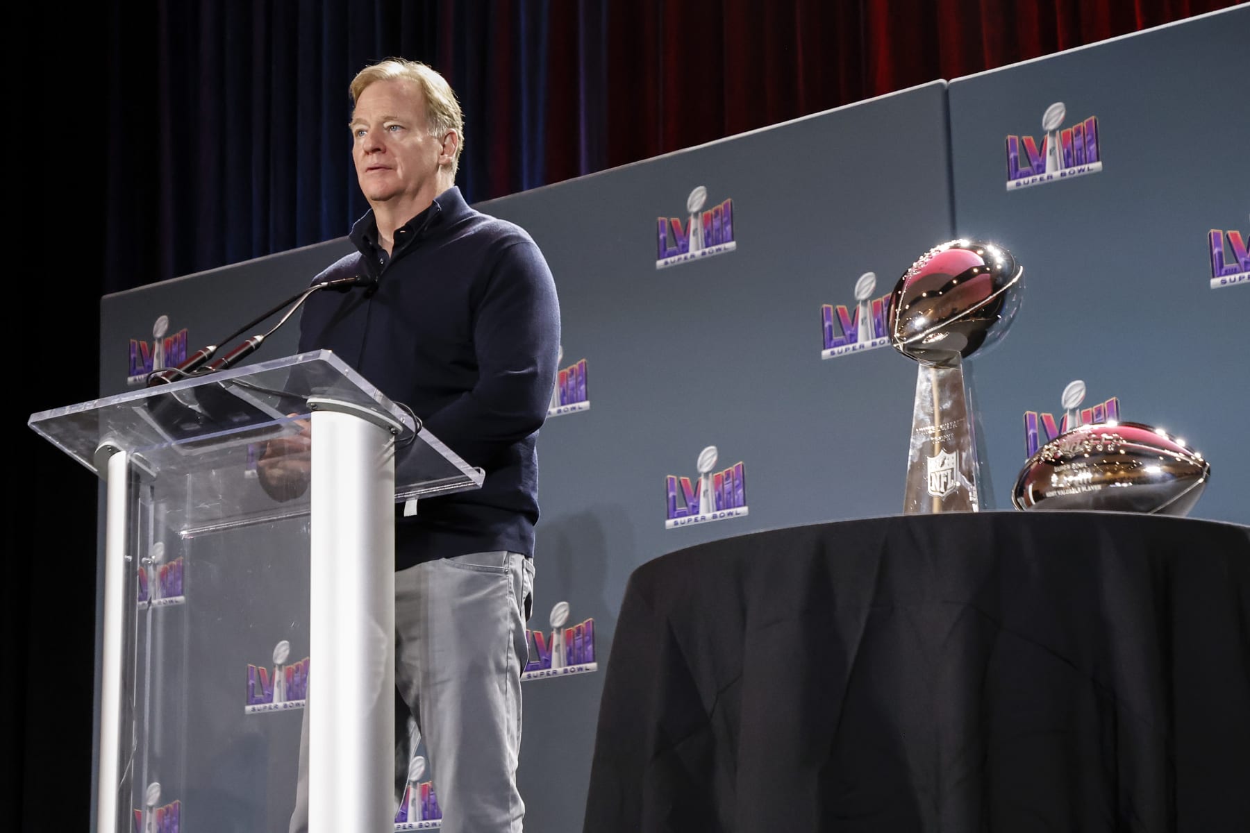 LAS VEGAS, NEVADA - FEBRUARY 12: NFL Commissioner Roger Goodell address the media during the Super Bowl Winning Team Head Coach and MVP Press Conference at the Mandalay Bay North Convention Center on February 12, 2024 in Las Vegas, Nevada. (Photo by Don Juan Moore/Getty Images)