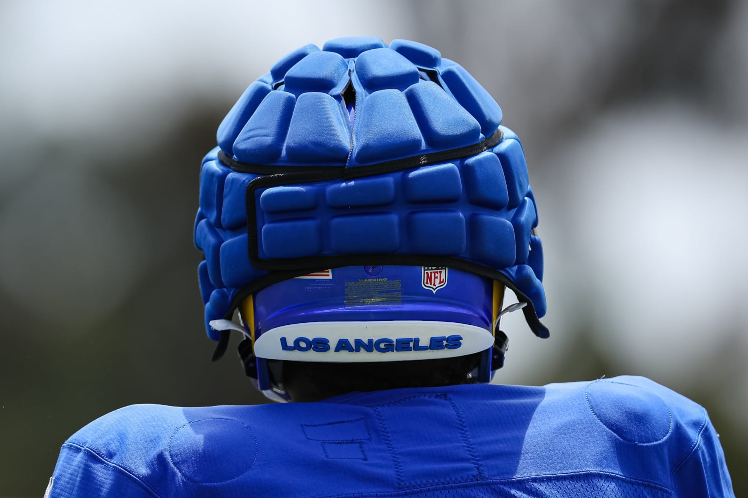 IRVINE, CA - JULY 29: A view of the Guardian Cap worn by Roger Carter Jr. #49 of the Los Angeles Rams during training camp at University of California Irvine on July 29, 2022 in Irvine, California. (Photo by Scott Taetsch/Getty Images) IRVINE, CA - JULY 29: A view of the Guardian Cap worn by Roger Carter Jr. #49 of the Los Angeles Rams during training camp at University of California Irvine on July 29, 2022 in Irvine, California. (Photo by Scott Taetsch/Getty Images)