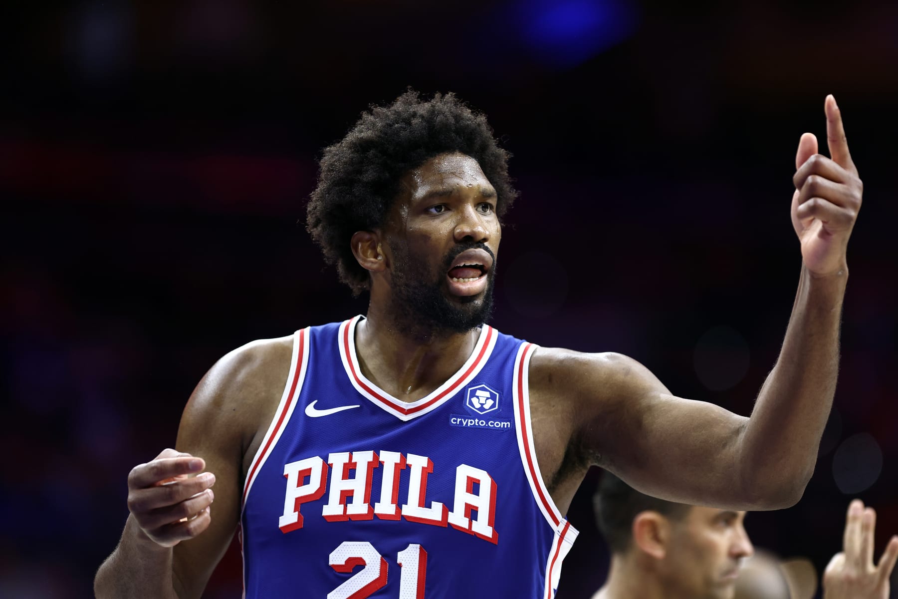 PHILADELPHIA, PENNSYLVANIA - APRIL 25: Joel Embiid #21 of the Philadelphia 76ers reacts during the fourth quarter against the New York Knicks during game three of the Eastern Conference First Round Playoffs at the Wells Fargo Center on April 25, 2024 in Philadelphia, Pennsylvania. NOTE TO USER: User expressly acknowledges and agrees that, by downloading and/or using this Photograph, user is consenting to the terms and conditions of the Getty Images License Agreement. (Photo by Tim Nwachukwu/Getty Images)