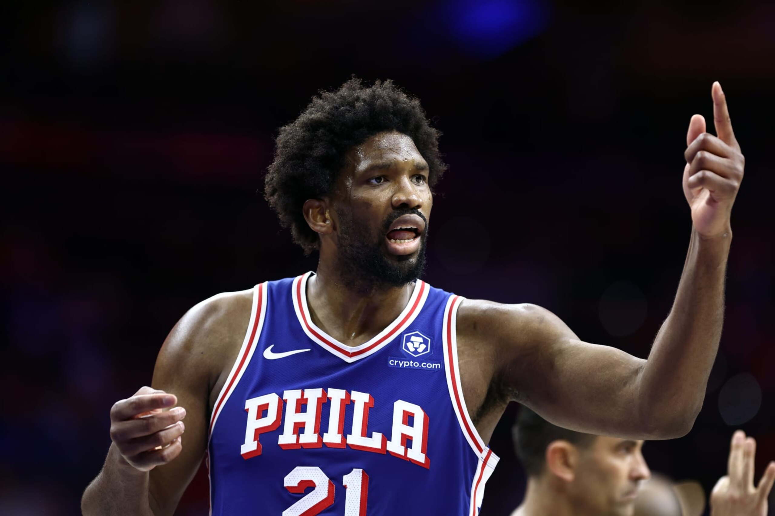 PHILADELPHIA, PENNSYLVANIA - APRIL 25: Joel Embiid #21 of the Philadelphia 76ers reacts during the fourth quarter against the New York Knicks during game three of the Eastern Conference First Round Playoffs at the Wells Fargo Center on April 25, 2024 in Philadelphia, Pennsylvania. NOTE TO USER: User expressly acknowledges and agrees that, by downloading and/or using this Photograph, user is consenting to the terms and conditions of the Getty Images License Agreement. (Photo by Tim Nwachukwu/Getty Images) PHILADELPHIA, PENNSYLVANIA - APRIL 25: Joel Embiid #21 of the Philadelphia 76ers reacts during the fourth quarter against the New York Knicks during game three of the Eastern Conference First Round Playoffs at the Wells Fargo Center on April 25, 2024 in Philadelphia, Pennsylvania. NOTE TO USER: User expressly acknowledges and agrees that, by downloading and/or using this Photograph, user is consenting to the terms and conditions of the Getty Images License Agreement. (Photo by Tim Nwachukwu/Getty Images)