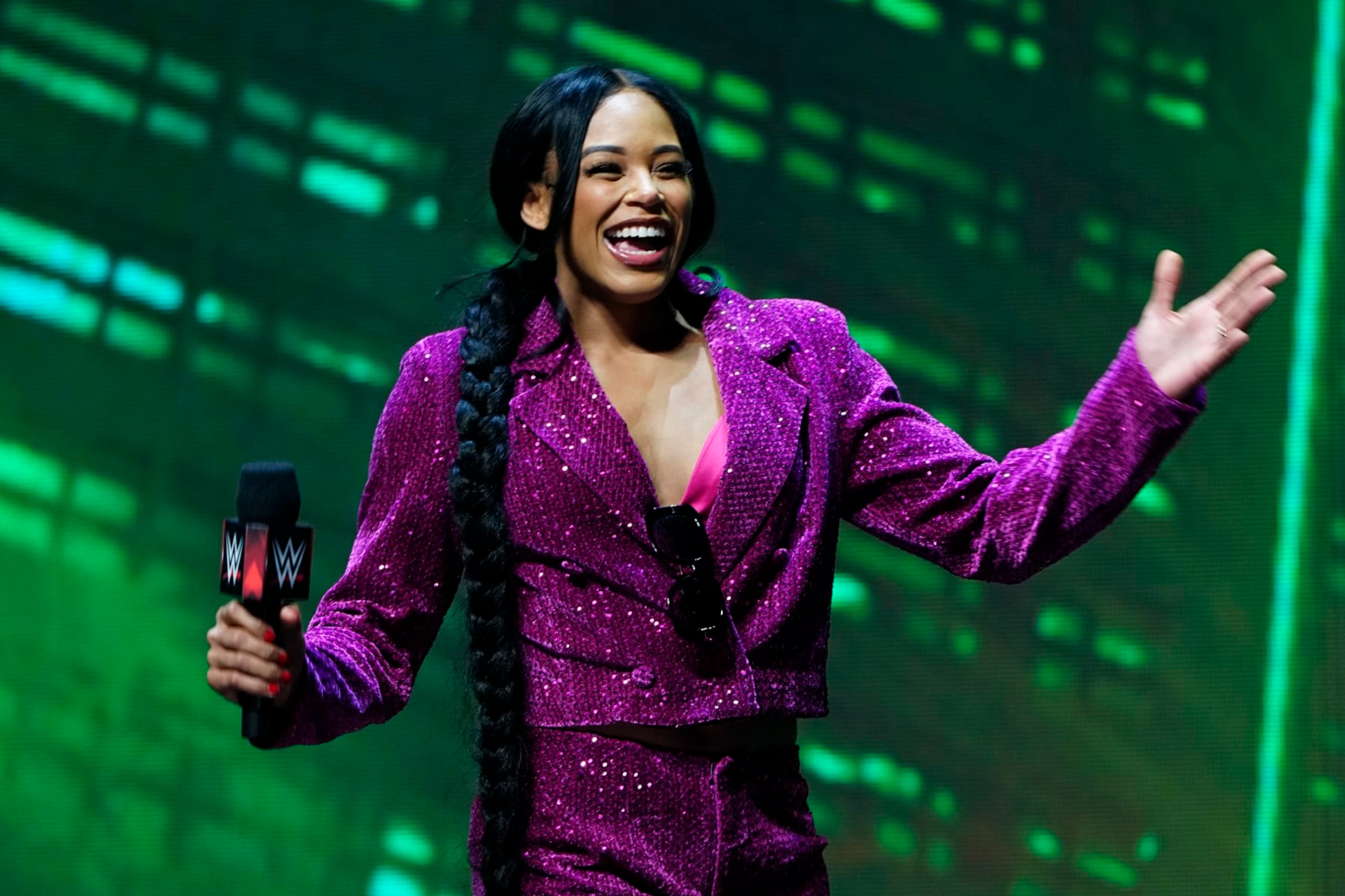 LAS VEGAS, NV - FEBRUARY 08:  Bianca Belair greets the crowd during the WWE Wrestlemania XL Kickoff on February 08, 2024, at T-Mobile Arena in Las Vegas, NV. (Photo by Louis Grasse/PXimages/Icon Sportswire via Getty Images)
