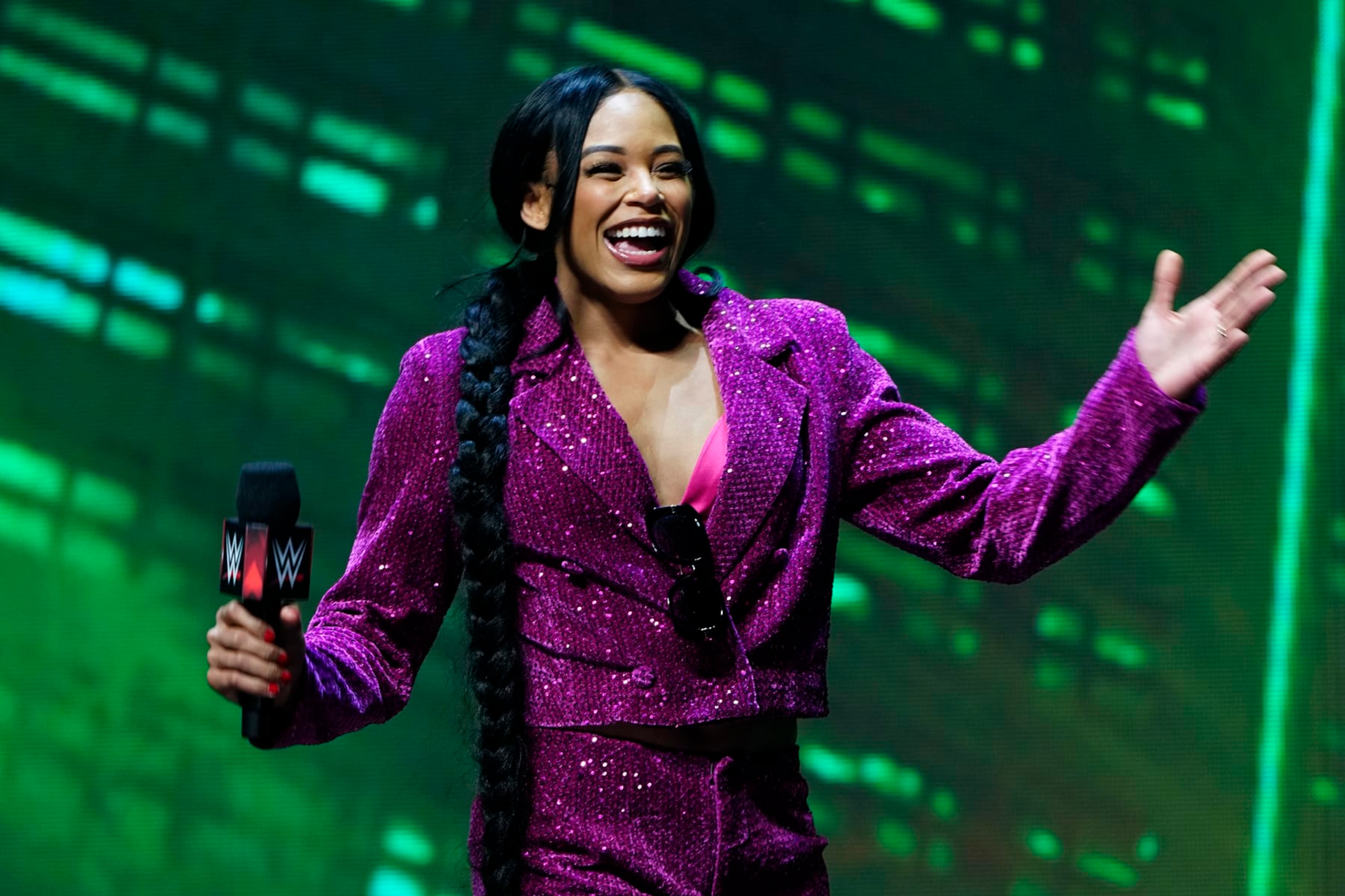 LAS VEGAS, NV - FEBRUARY 08:  Bianca Belair greets the crowd during the WWE Wrestlemania XL Kickoff on February 08, 2024, at T-Mobile Arena in Las Vegas, NV. (Photo by Louis Grasse/PXimages/Icon Sportswire via Getty Images)