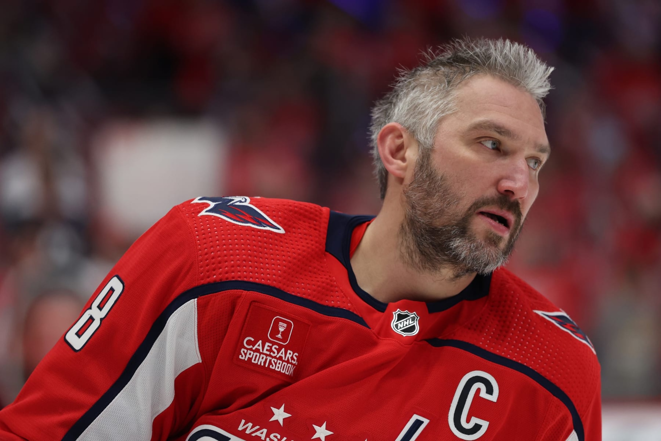 WASHINGTON, DC - APRIL 26: Alex Ovechkin #8 of the Washington Capitals looks on before playing against the New York Rangers in Game Three of the First Round of the 2024 Stanley Cup Playoffs at Capital One Arena on April 26, 2024 in Washington, DC. (Photo by Patrick Smith/Getty Images) WASHINGTON, DC - APRIL 26: Alex Ovechkin #8 of the Washington Capitals looks on before playing against the New York Rangers in Game Three of the First Round of the 2024 Stanley Cup Playoffs at Capital One Arena on April 26, 2024 in Washington, DC. (Photo by Patrick Smith/Getty Images)