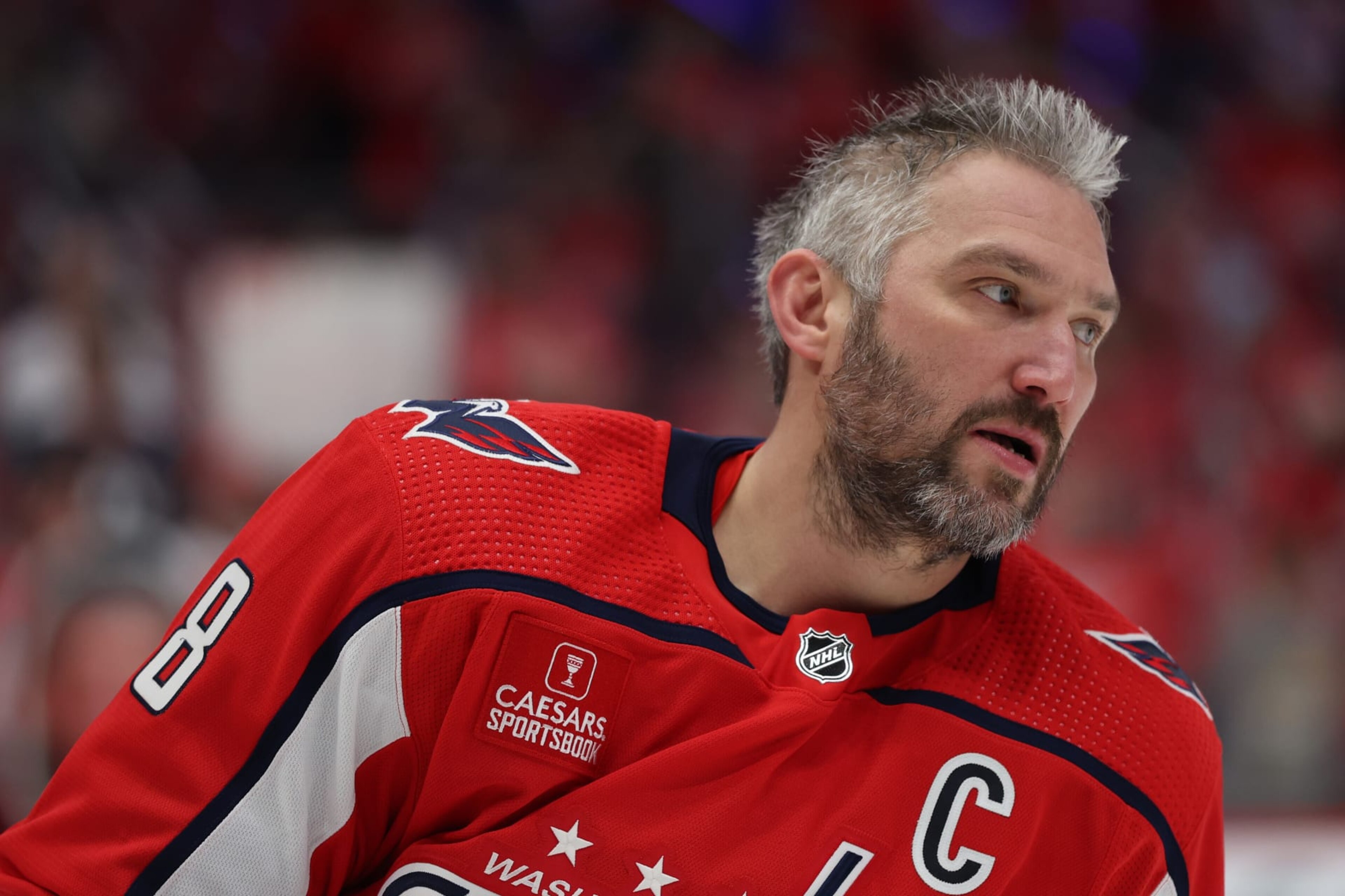 WASHINGTON, DC - APRIL 26: Alex Ovechkin #8 of the Washington Capitals looks on before playing against the New York Rangers in Game Three of the First Round of the 2024 Stanley Cup Playoffs at Capital One Arena on April 26, 2024 in Washington, DC. (Photo by Patrick Smith/Getty Images)