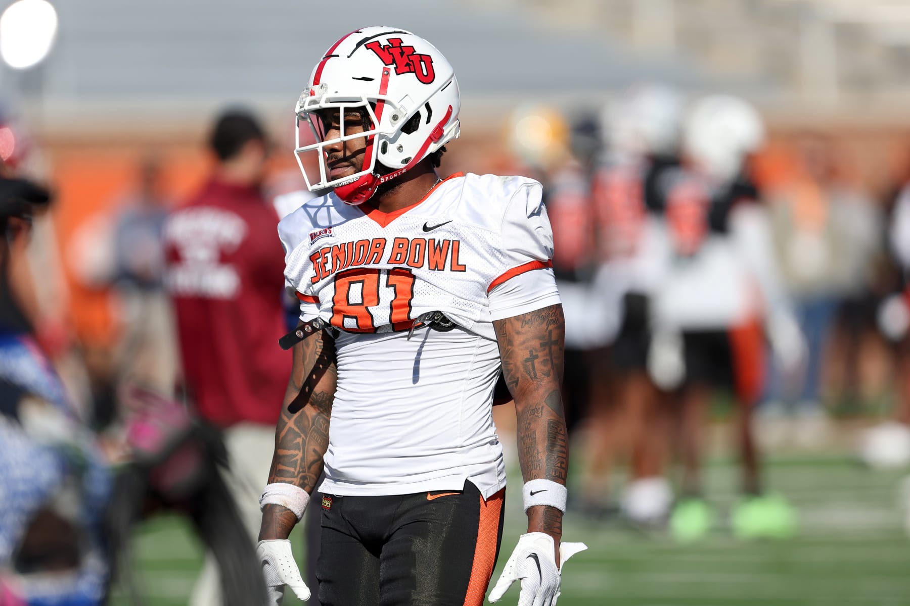 MOBILE, AL - JANUARY 31: National wide receiver Malachi Corley of Western Kentucky (81) during the National team practice for the Reese's Senior Bowl on January 31, 2024 at Hancock Whitney Stadium in Mobile, Alabama.  (Photo by Michael Wade/Icon Sportswire via Getty Images)
