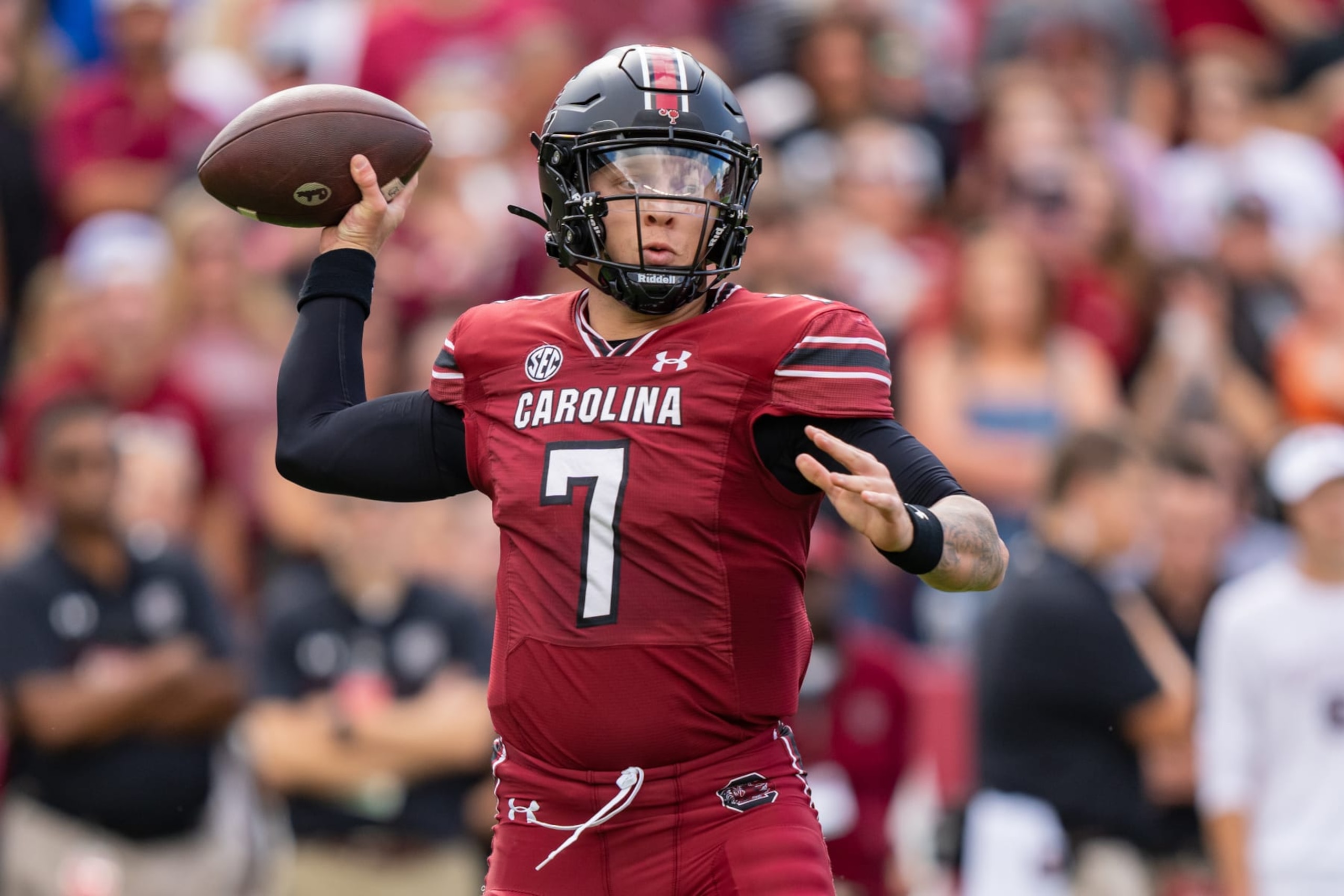 COLUMBIA, SOUTH CAROLINA - OCTOBER 14: Spencer Rattler #7 of the South Carolina Gamecocks passes the ball in the first half during their game against the Florida Gators at Williams-Brice Stadium on October 14, 2023 in Columbia, South Carolina. (Photo by Jacob Kupferman/Getty Images) COLUMBIA, SOUTH CAROLINA - OCTOBER 14: Spencer Rattler #7 of the South Carolina Gamecocks passes the ball in the first half during their game against the Florida Gators at Williams-Brice Stadium on October 14, 2023 in Columbia, South Carolina. (Photo by Jacob Kupferman/Getty Images)