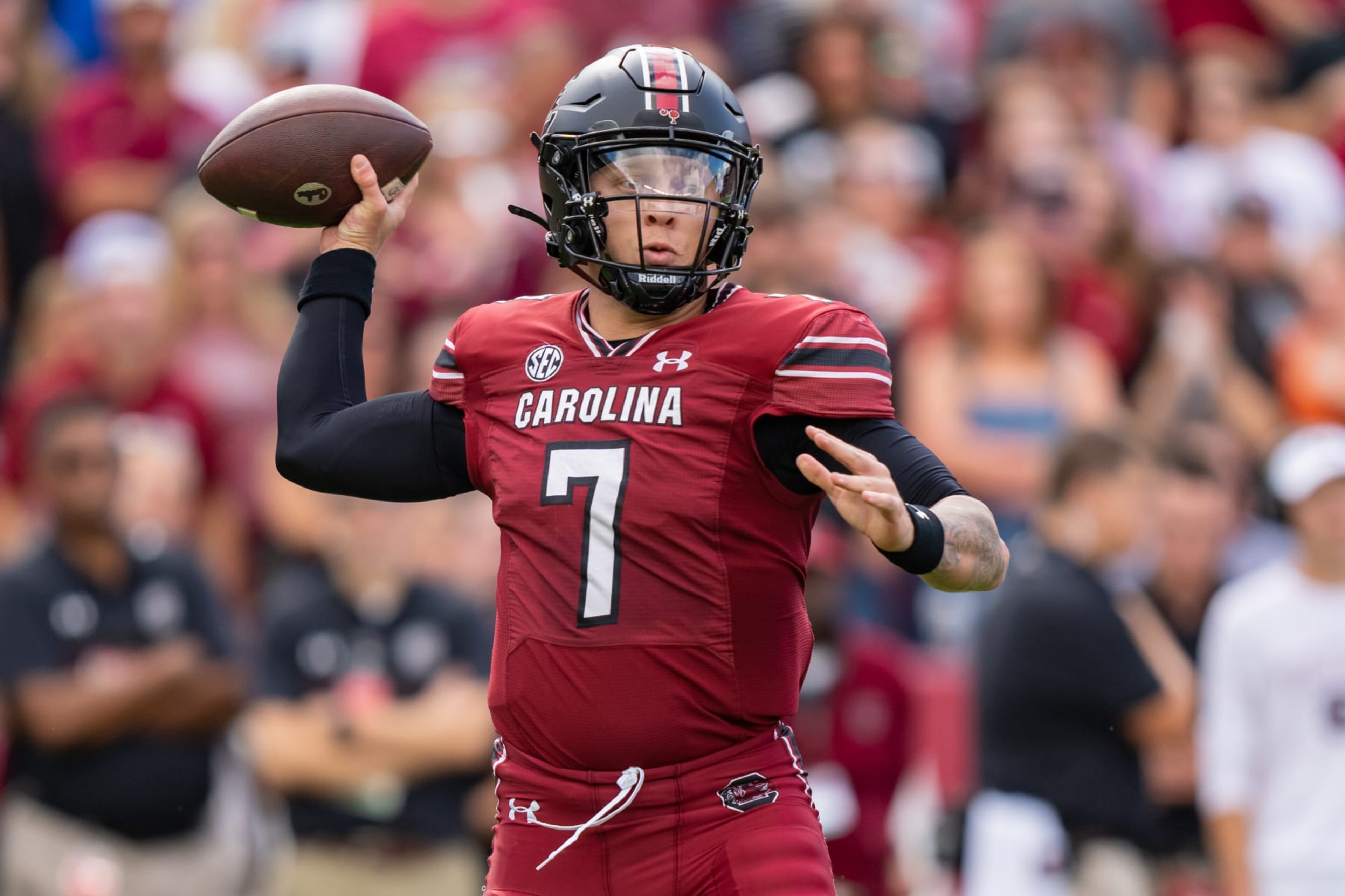 COLUMBIA, SOUTH CAROLINA - OCTOBER 14: Spencer Rattler #7 of the South Carolina Gamecocks passes the ball in the first half during their game against the Florida Gators at Williams-Brice Stadium on October 14, 2023 in Columbia, South Carolina. (Photo by Jacob Kupferman/Getty Images)