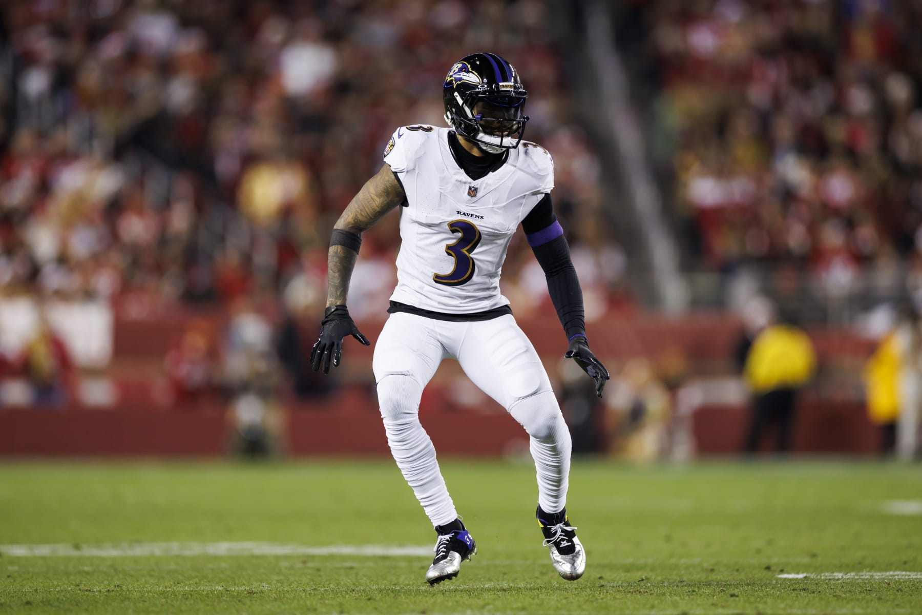 SANTA CLARA, CALIFORNIA - DECEMBER 25: Odell Beckham Jr. #3 of the Baltimore Ravens runs a route during an NFL football game against the San Francisco 49ers at Levi's Stadium on December 25, 2023 in Santa Clara, California. (Photo by Ryan Kang/Getty Images)
