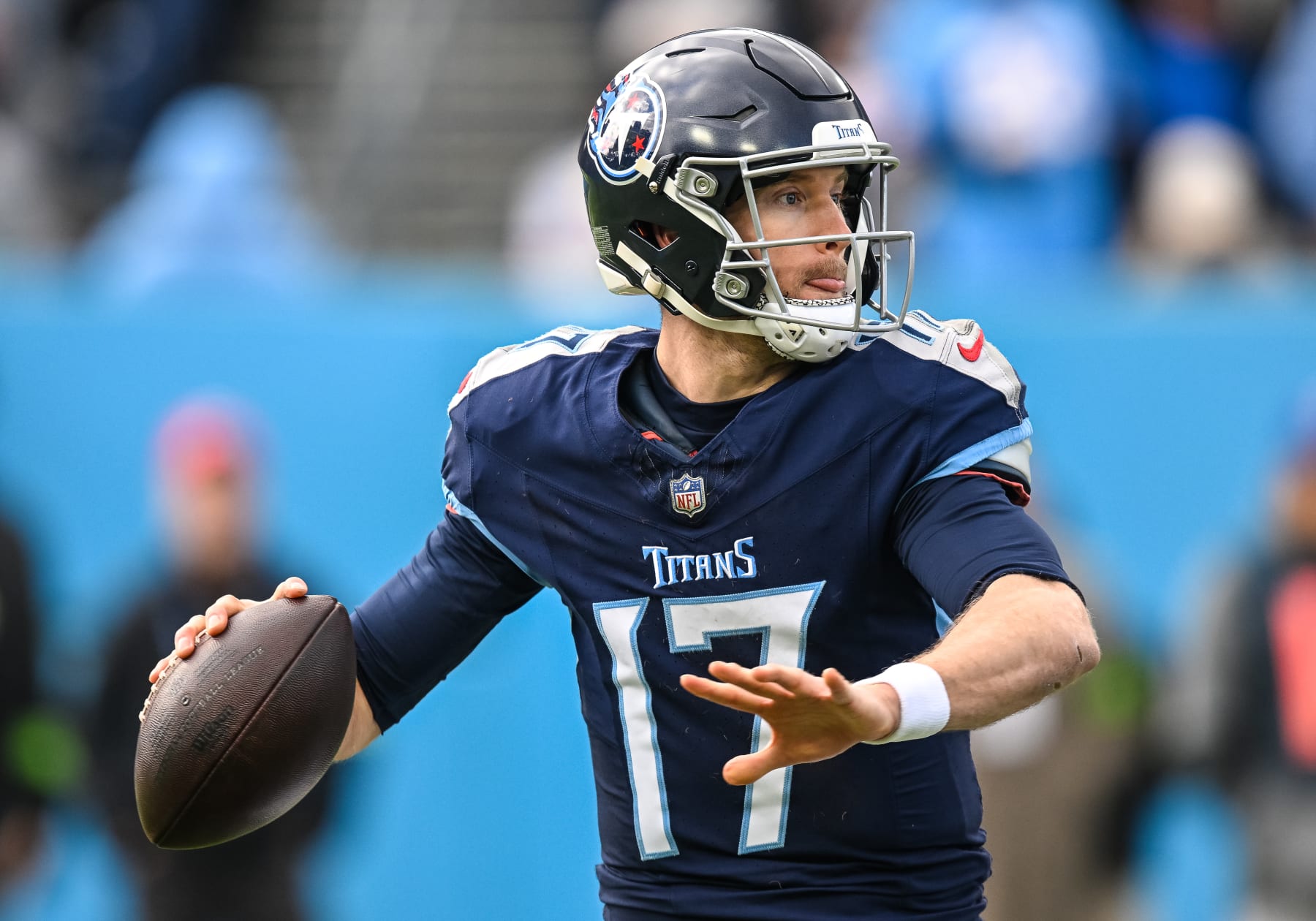 NASHVILLE, TN - JANUARY 07: Tennessee Titans quarterback Ryan Tannehill (17) throws a pass during the NFL game between the Tennessee Titans and the Jacksonville Jaguars on January 7, 2024, at Nissan Stadium in Nashville, TN. (Photo by Bryan Lynn/Icon Sportswire via Getty Images)