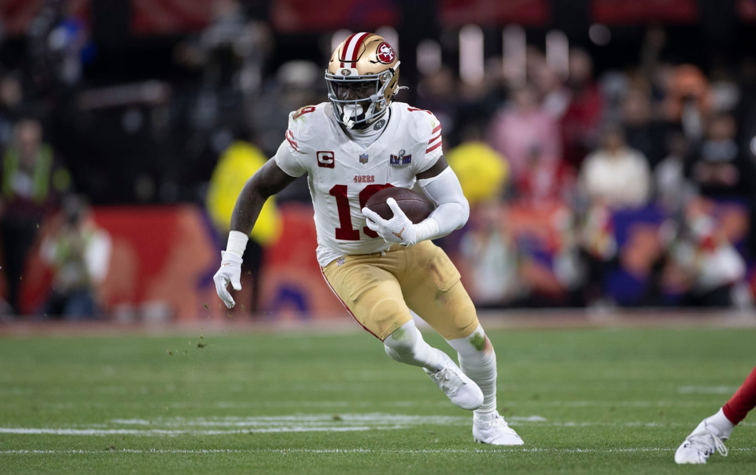 LAS VEGAS, NV - FEBRUARY 11: Deebo Samuel #19 of the San Francisco 49ers runs after making a catch during Super Bowl LVIII against the Kansas City Chiefs at Allegiant Stadium on February 11, 2024 in Las Vegas, Nevada. The Chiefs defeated the 49ers 25-22. (Photo by Michael Zagaris/San Francisco 49ers/Getty Images)