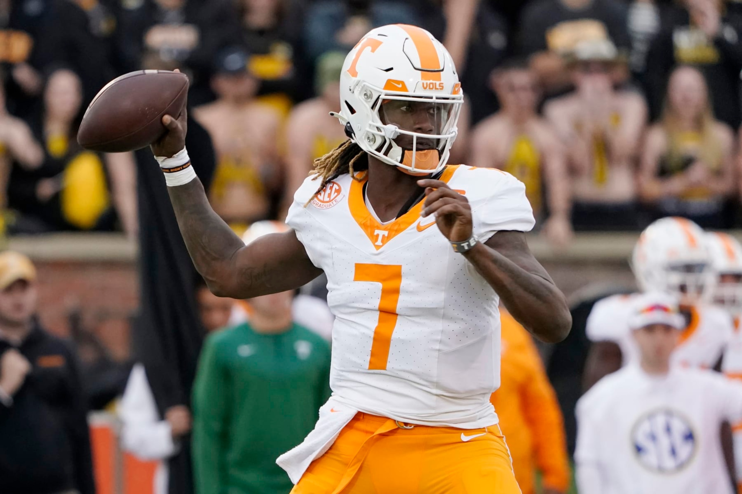 COLUMBIA, MISSOURI - NOVEMBER 11: Quarterback Joe Milton III #7 of the Tennessee Volunteers passes in the first half against the Missouri Tigers at Faurot Field/Memorial Stadium on November 11, 2023 in Columbia, Missouri. (Photo by Ed Zurga/Getty Images) COLUMBIA, MISSOURI - NOVEMBER 11: Quarterback Joe Milton III #7 of the Tennessee Volunteers passes in the first half against the Missouri Tigers at Faurot Field/Memorial Stadium on November 11, 2023 in Columbia, Missouri. (Photo by Ed Zurga/Getty Images)