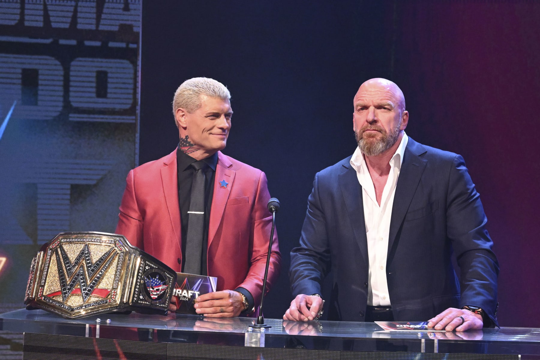CINCINNATI, OHIO - APRIL 26: Cody Rhodes and AJ styles shake hands at Heritage Bank Center on April 26, 2024 in Cincinnati, Ohio.  (Photo by WWE/Getty Images)