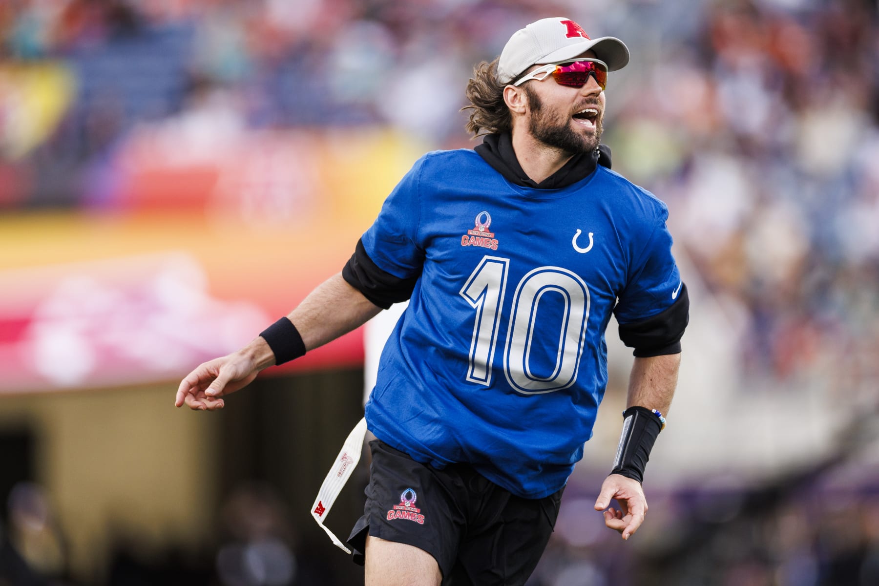 ORLANDO, FLORIDA - FEBRUARY 04: Gardner Minshew #10 of the Indianapolis Colts and AFC celebrates after scoring a touchdown during the 2024 NFL Pro Bowl at Camping World Stadium on February 04, 2024 in Orlando, Florida. (Photo by James Gilbert/Getty Images)